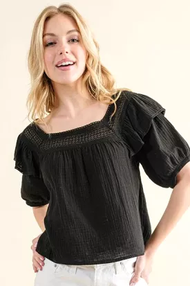 And The Why Square Neck Cotton Gauze Ruffled Blouse