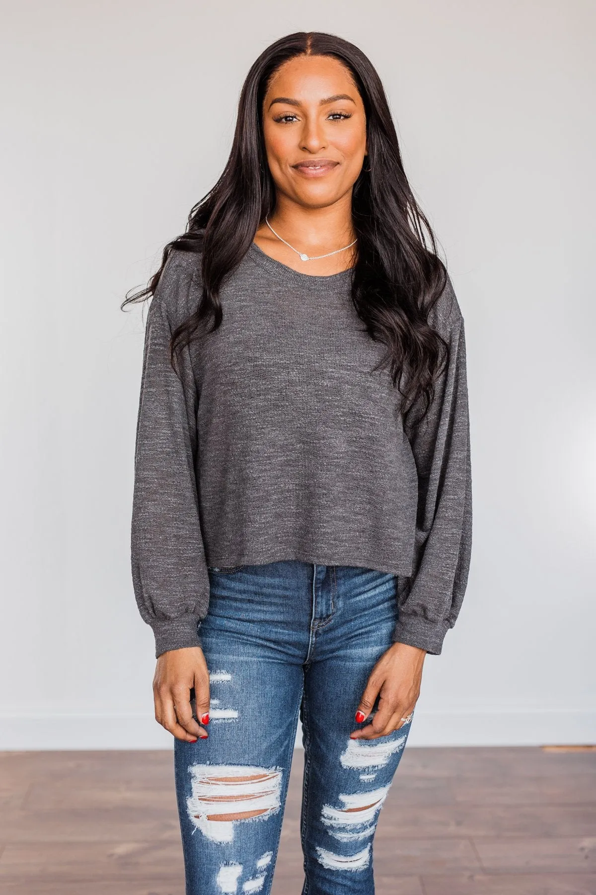 Breaking The Rules High-Low Long Sleeve Top- Charcoal