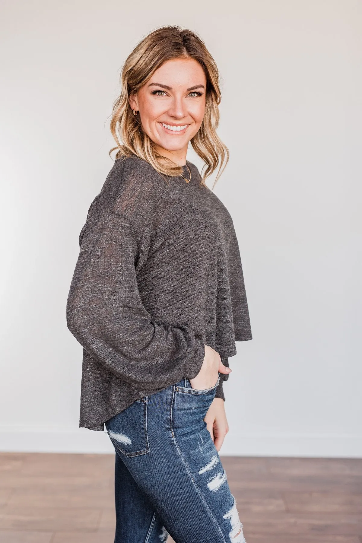 Breaking The Rules High-Low Long Sleeve Top- Charcoal