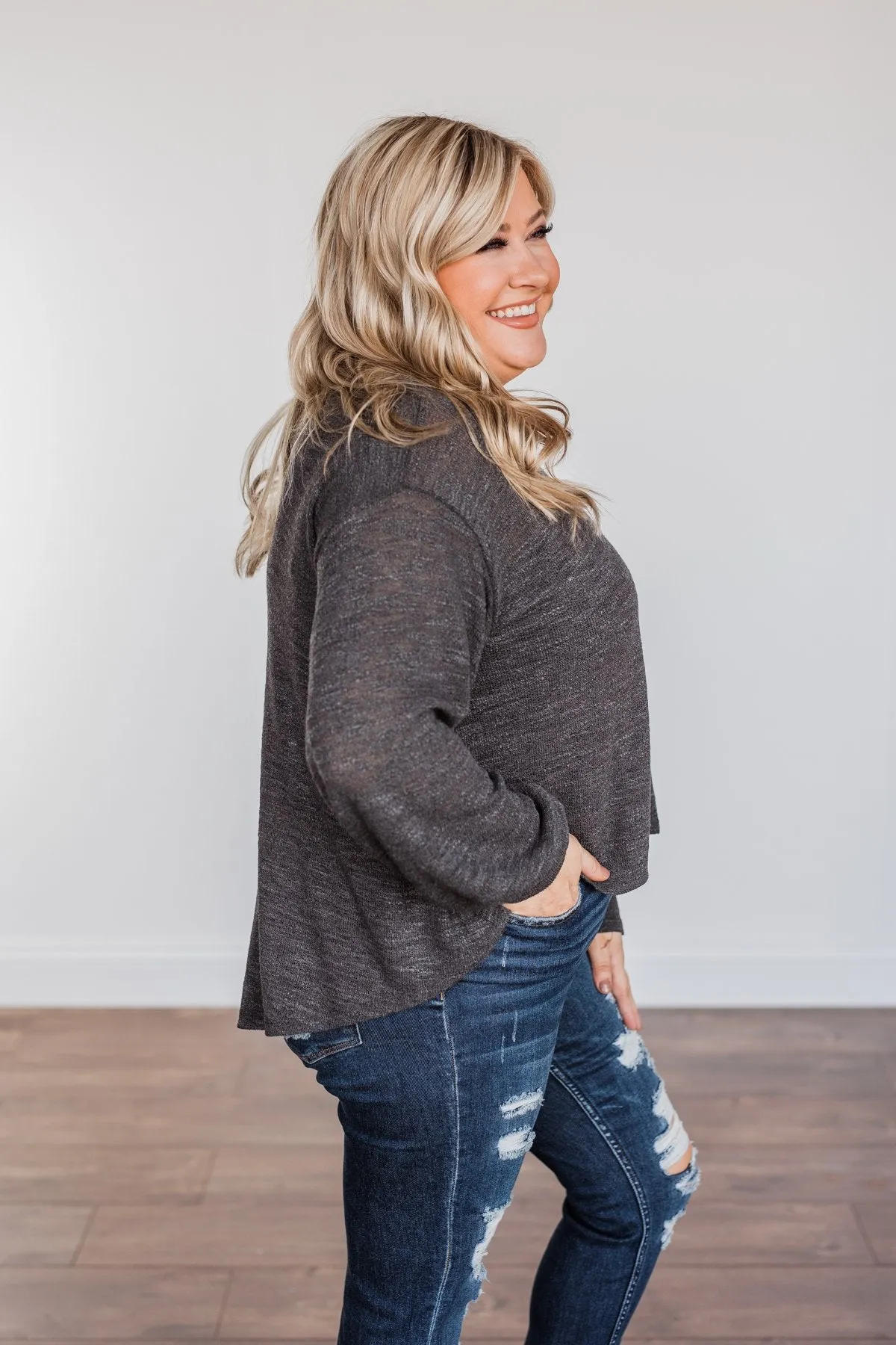 Breaking The Rules High-Low Long Sleeve Top- Charcoal