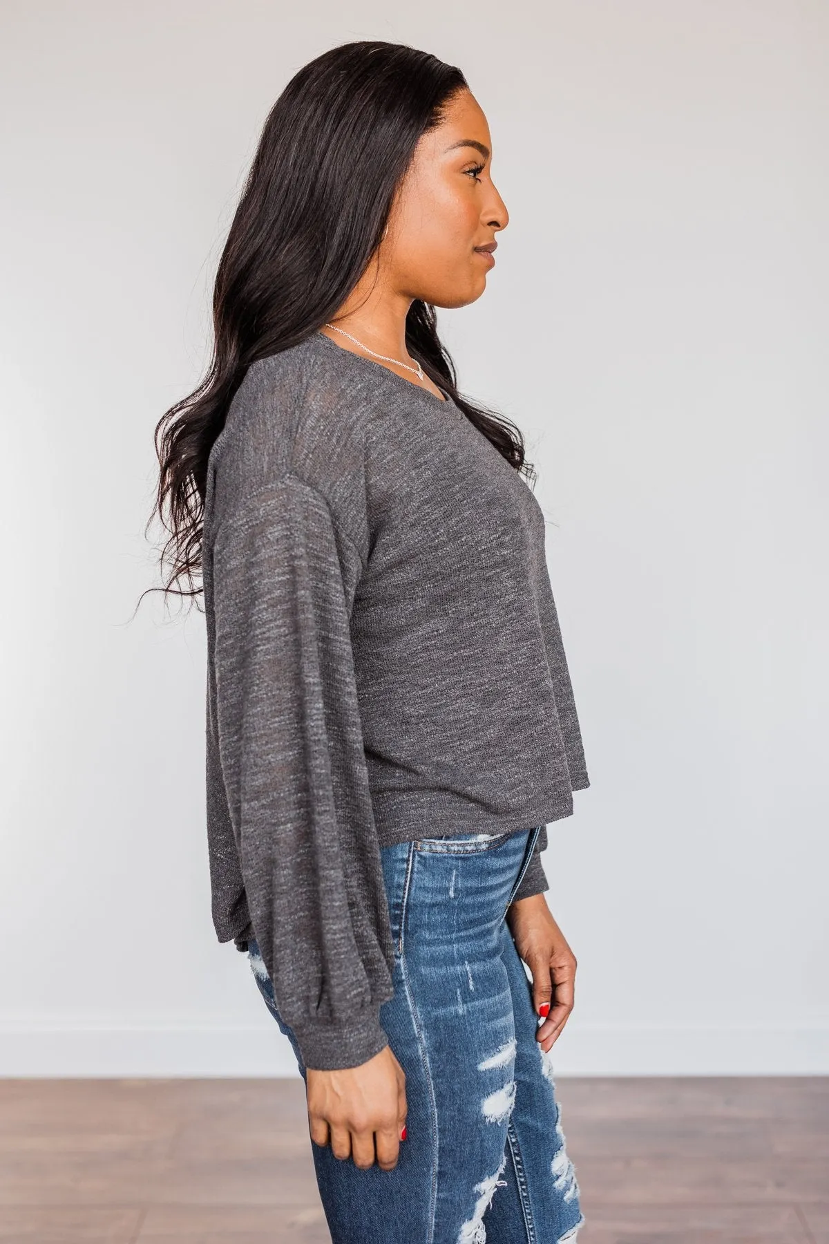 Breaking The Rules High-Low Long Sleeve Top- Charcoal