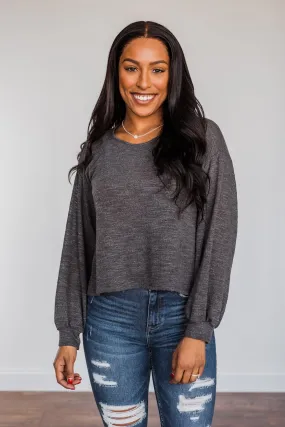 Breaking The Rules High-Low Long Sleeve Top- Charcoal