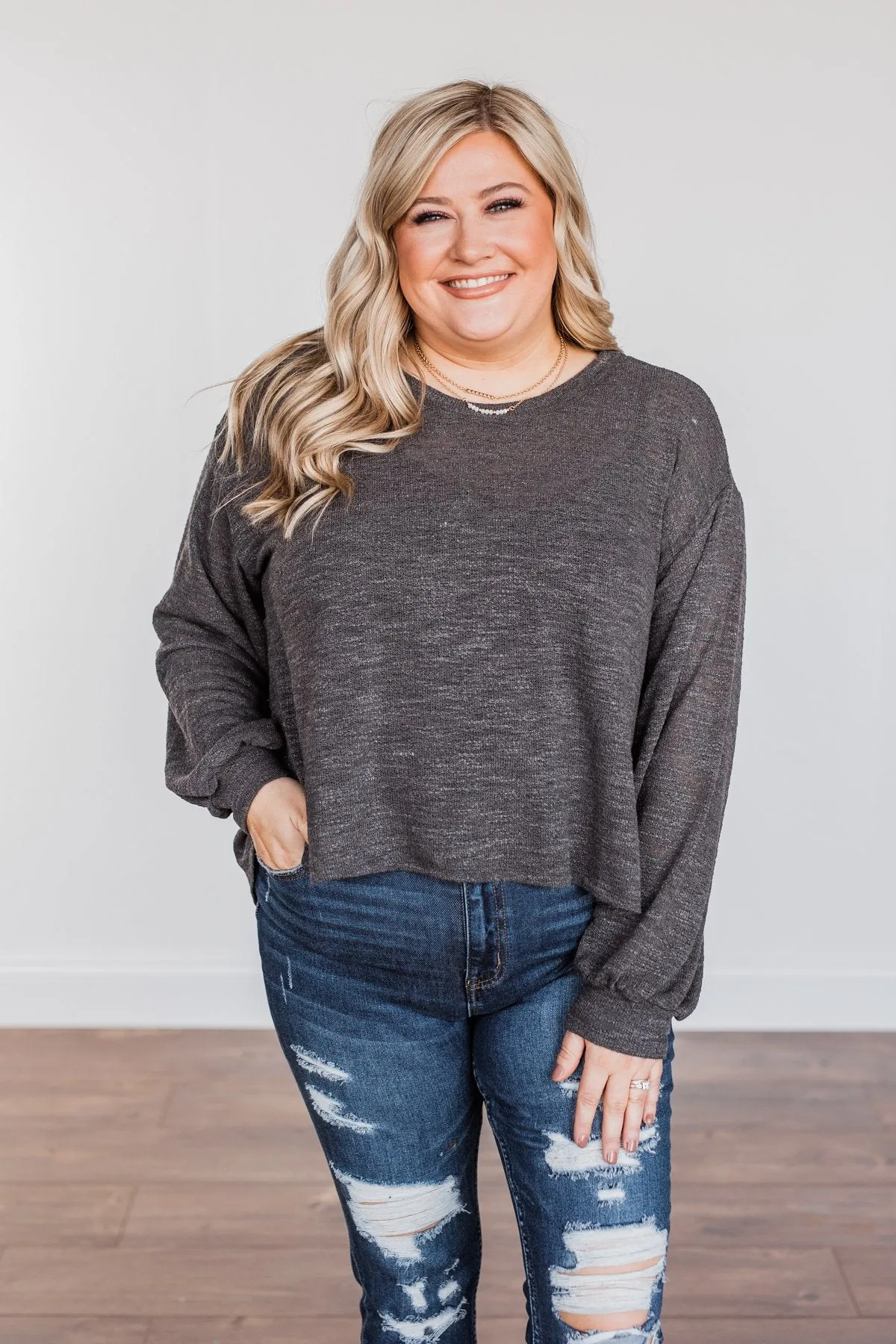 Breaking The Rules High-Low Long Sleeve Top- Charcoal