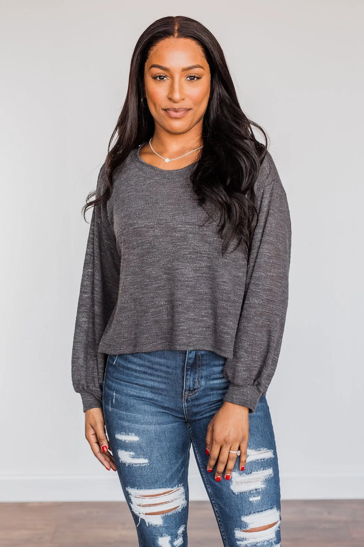 Breaking The Rules High-Low Long Sleeve Top- Charcoal