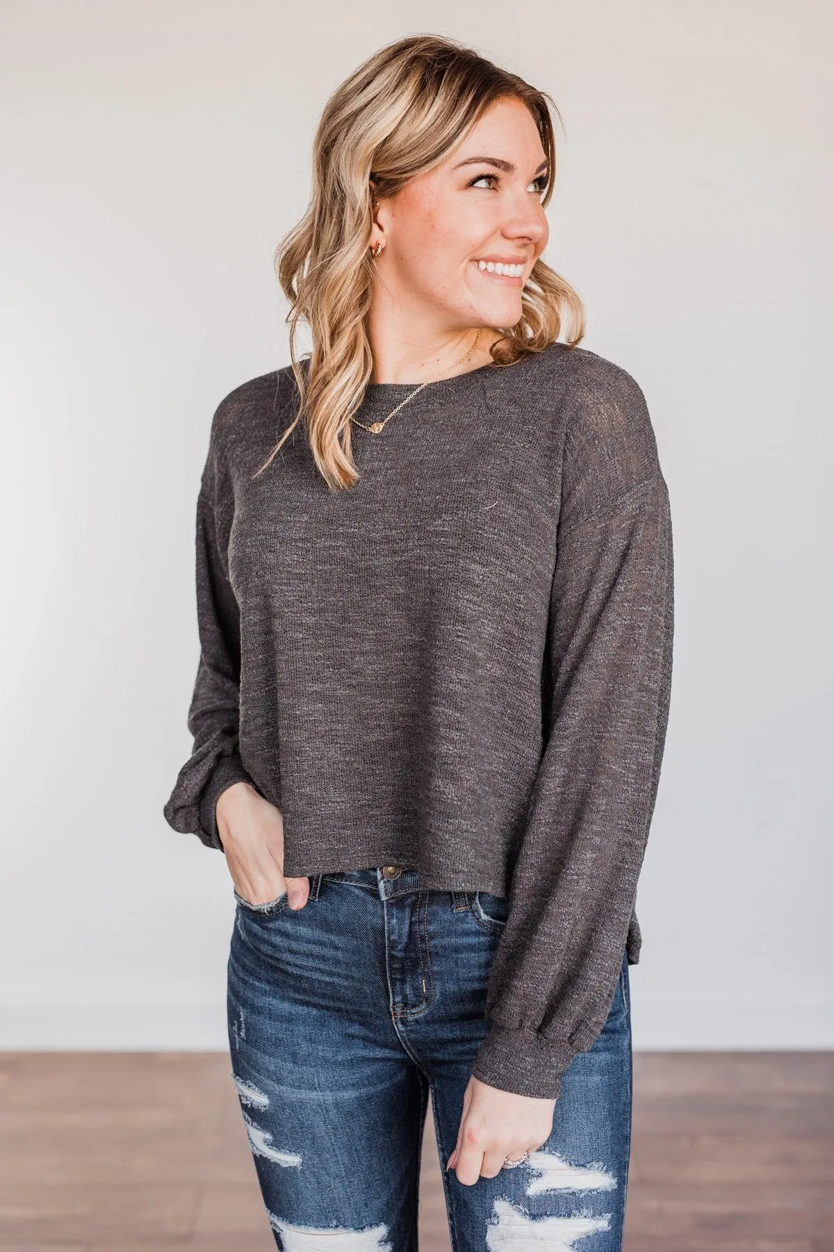 Breaking The Rules High-Low Long Sleeve Top- Charcoal