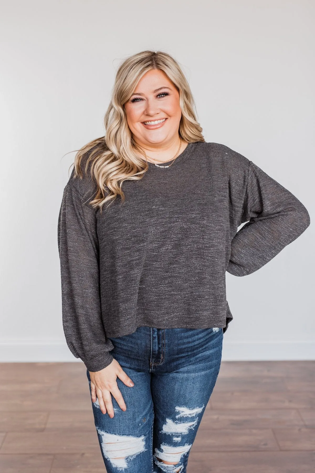 Breaking The Rules High-Low Long Sleeve Top- Charcoal