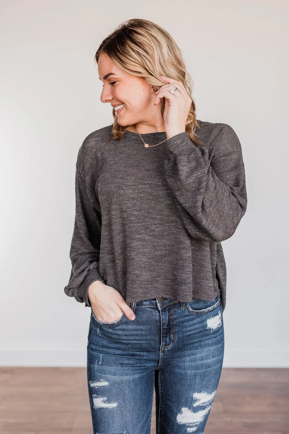 Breaking The Rules High-Low Long Sleeve Top- Charcoal