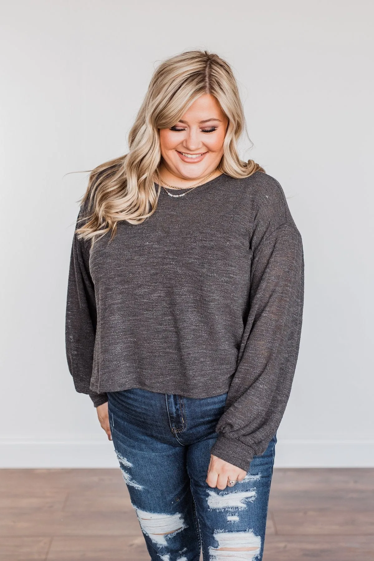 Breaking The Rules High-Low Long Sleeve Top- Charcoal