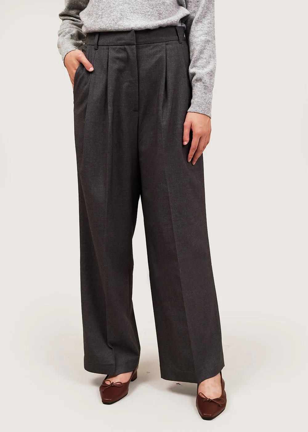 Charcoal Pleat Front Wide Leg Pants