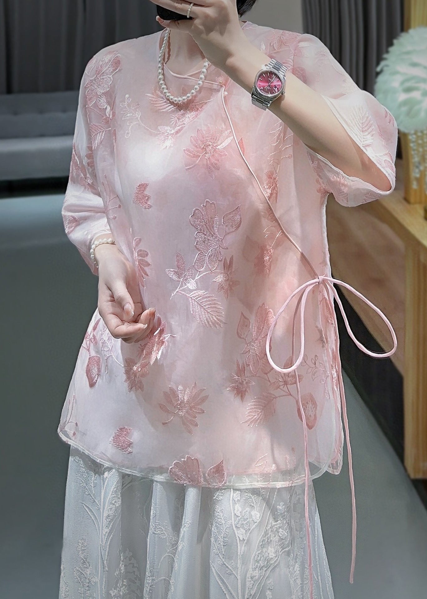 Chinese Style Pink Embroidered Lace Up Tulle Blouses Spring QA1075