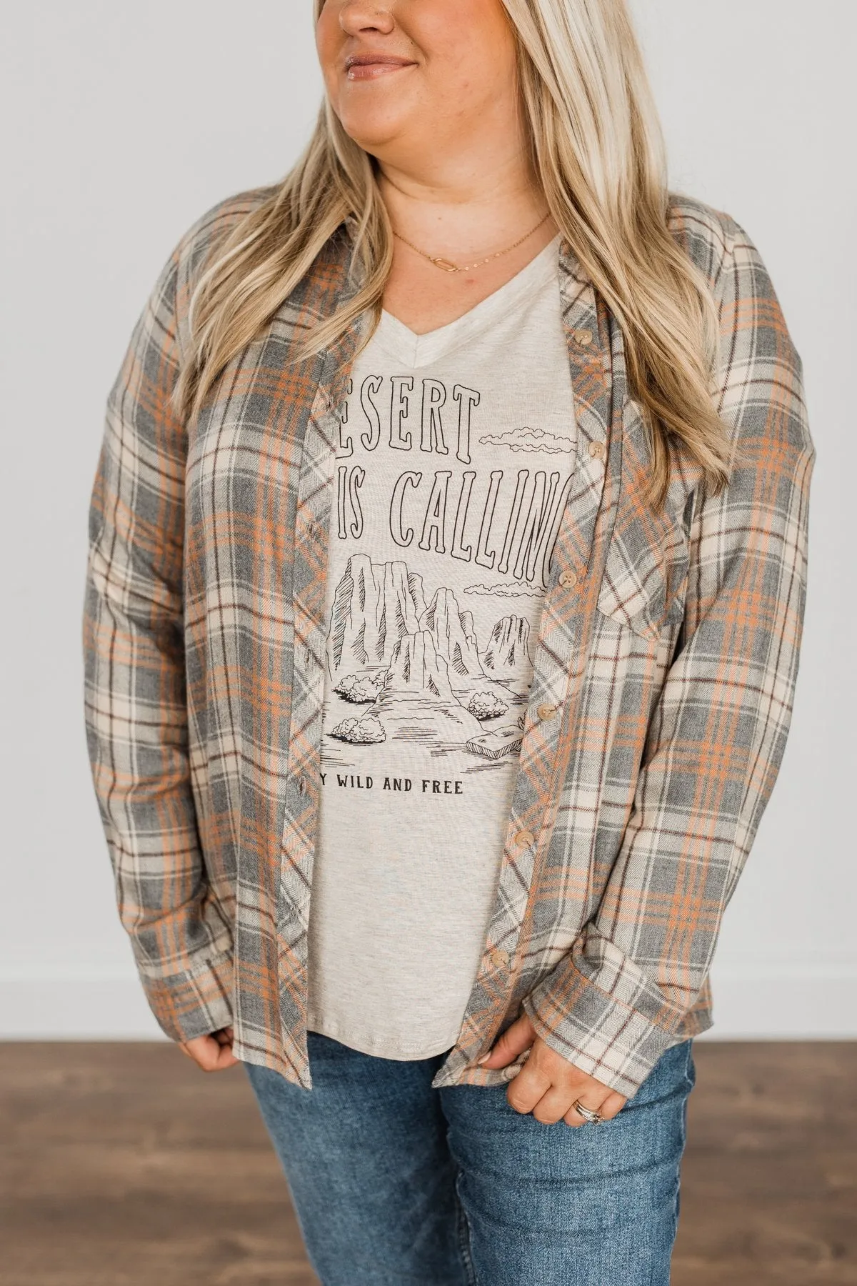 Dreams Like These Button Down Plaid Top- Grey, Oatmeal & Orange