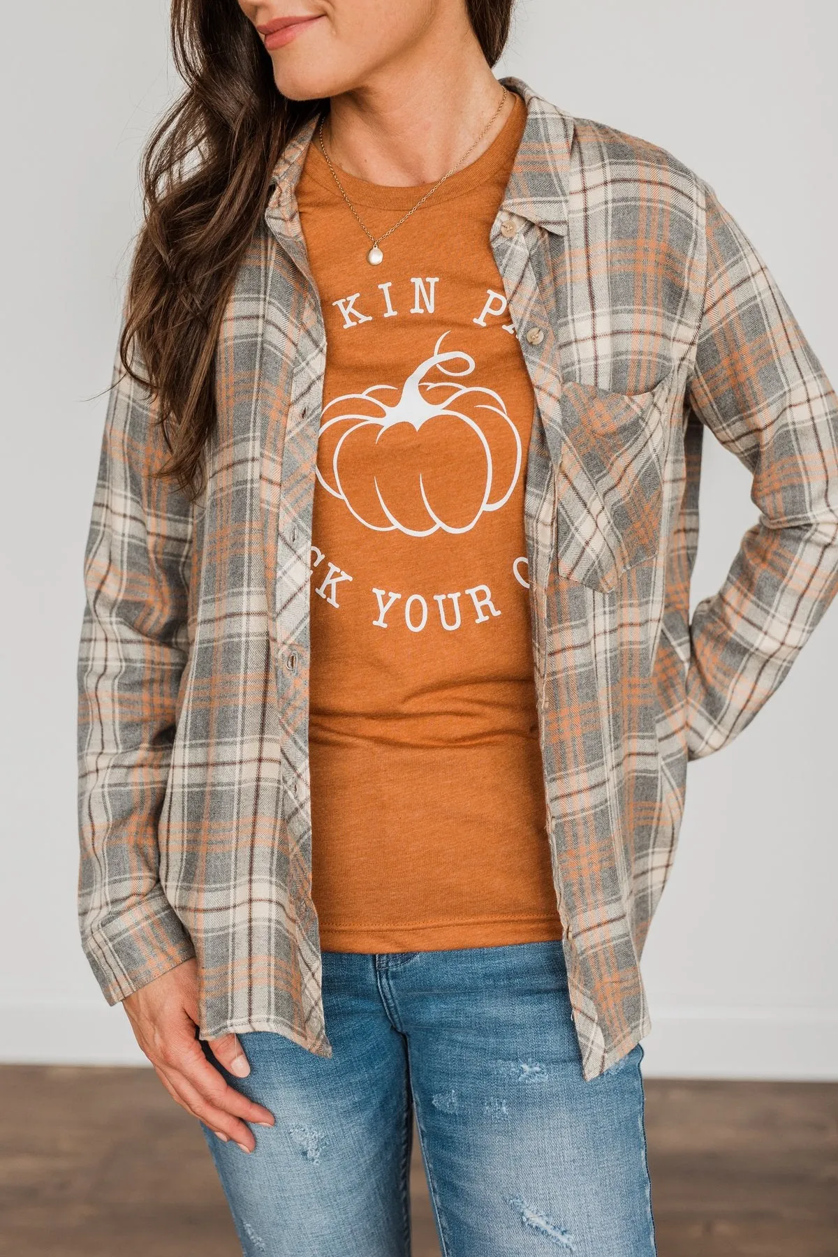 Dreams Like These Button Down Plaid Top- Grey, Oatmeal & Orange