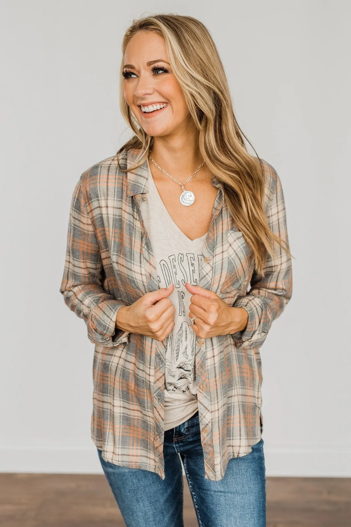 Dreams Like These Button Down Plaid Top- Grey, Oatmeal & Orange