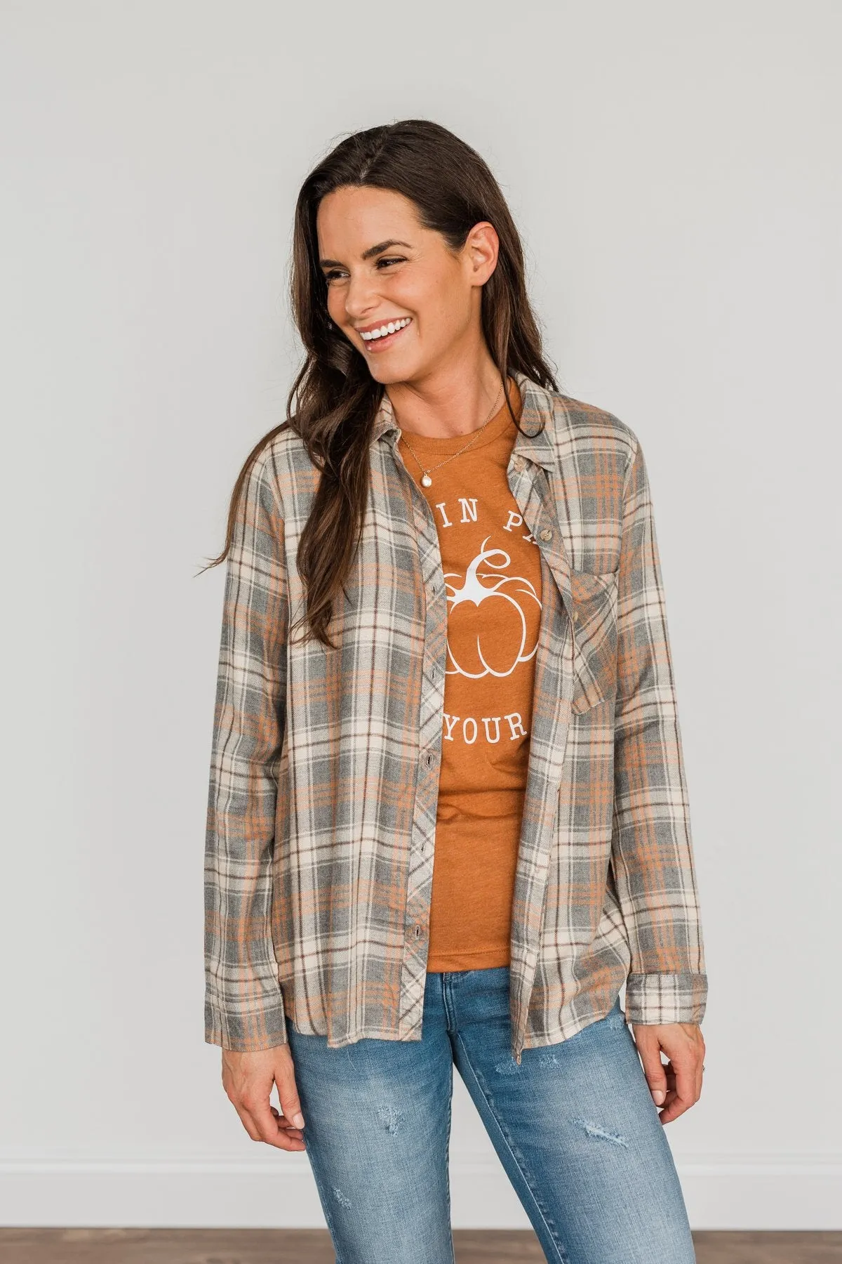 Dreams Like These Button Down Plaid Top- Grey, Oatmeal & Orange