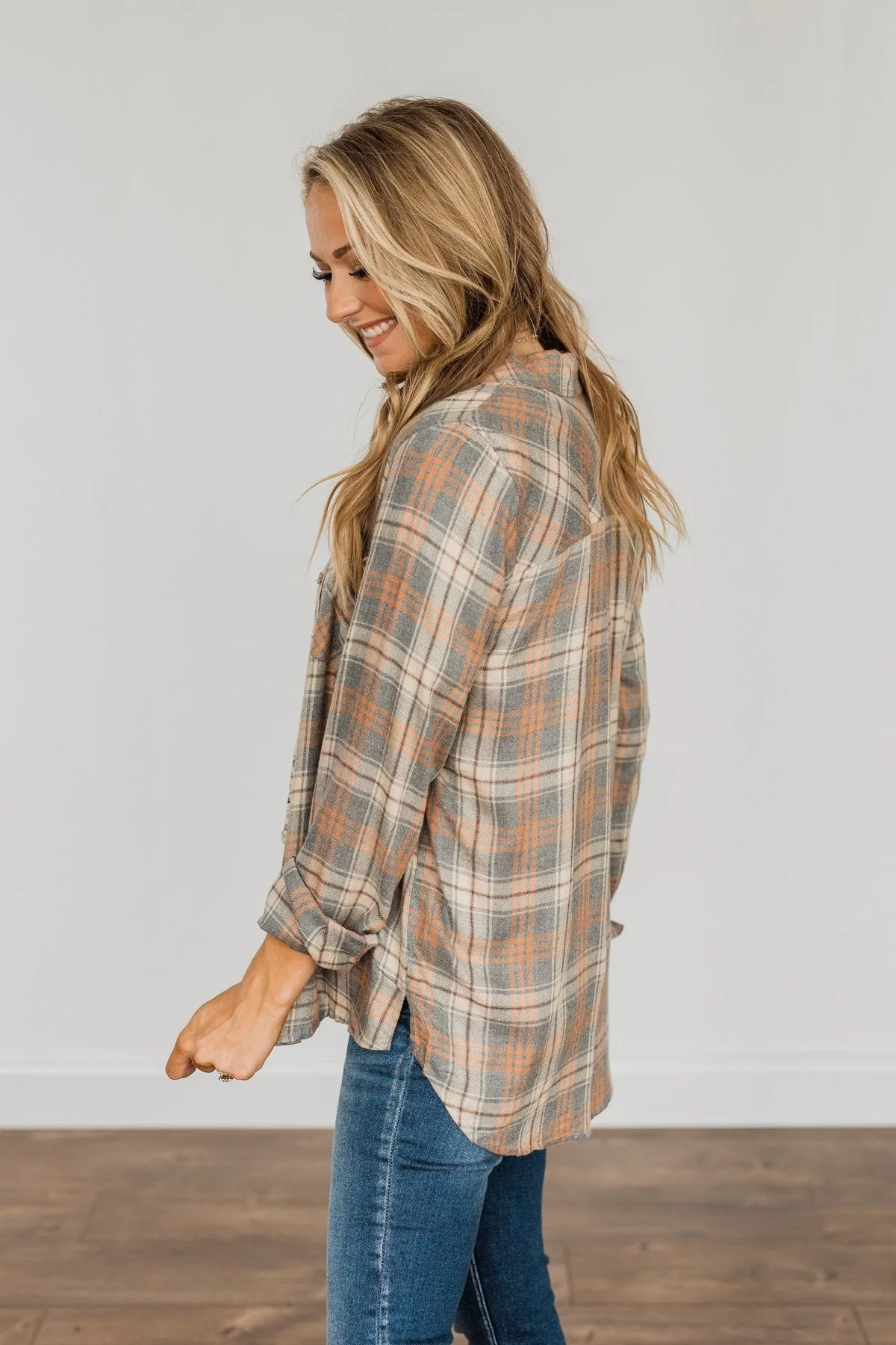 Dreams Like These Button Down Plaid Top- Grey, Oatmeal & Orange