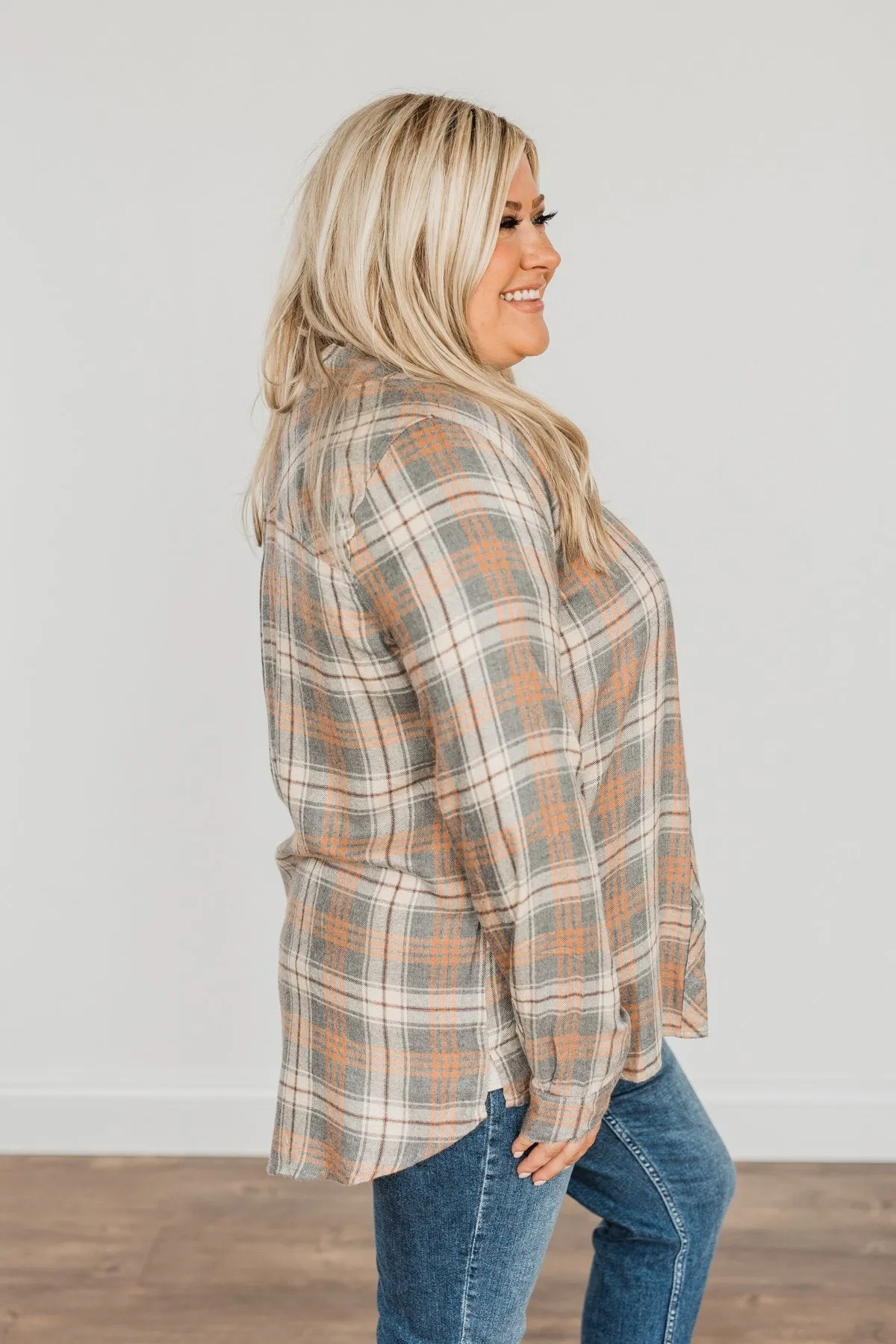 Dreams Like These Button Down Plaid Top- Grey, Oatmeal & Orange