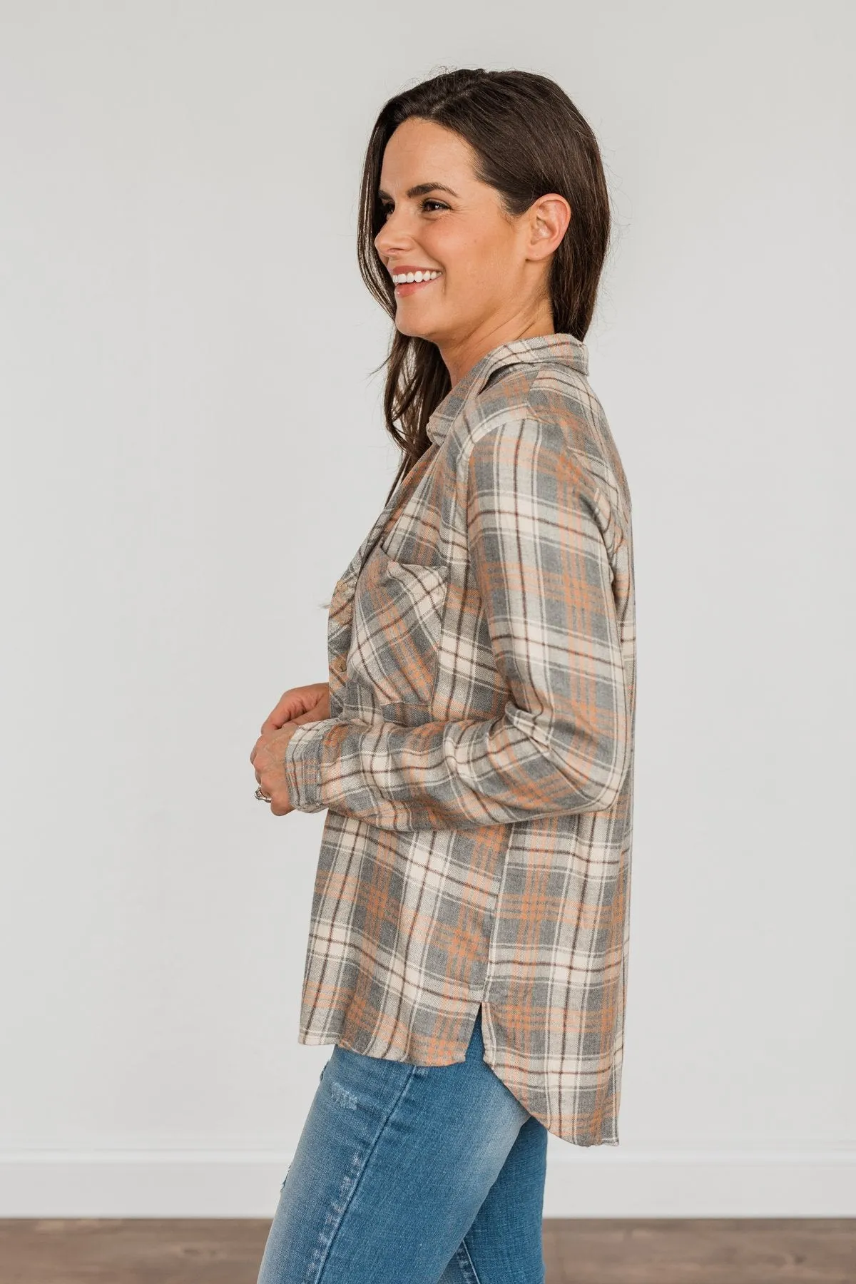 Dreams Like These Button Down Plaid Top- Grey, Oatmeal & Orange