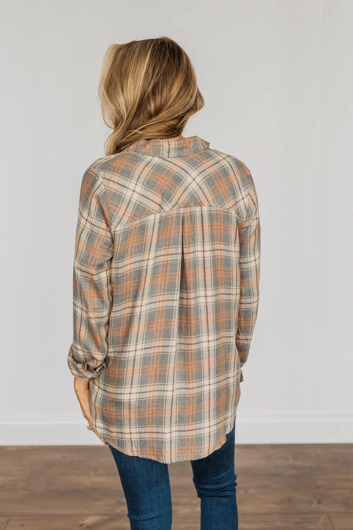 Dreams Like These Button Down Plaid Top- Grey, Oatmeal & Orange