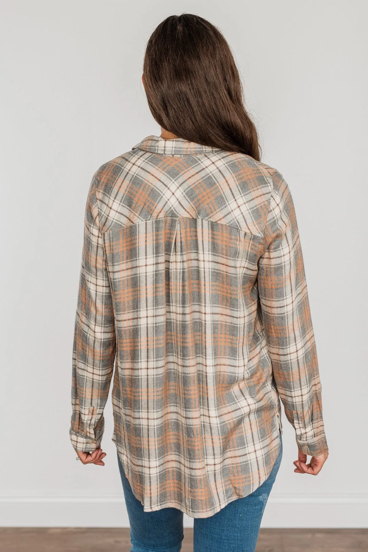 Dreams Like These Button Down Plaid Top- Grey, Oatmeal & Orange