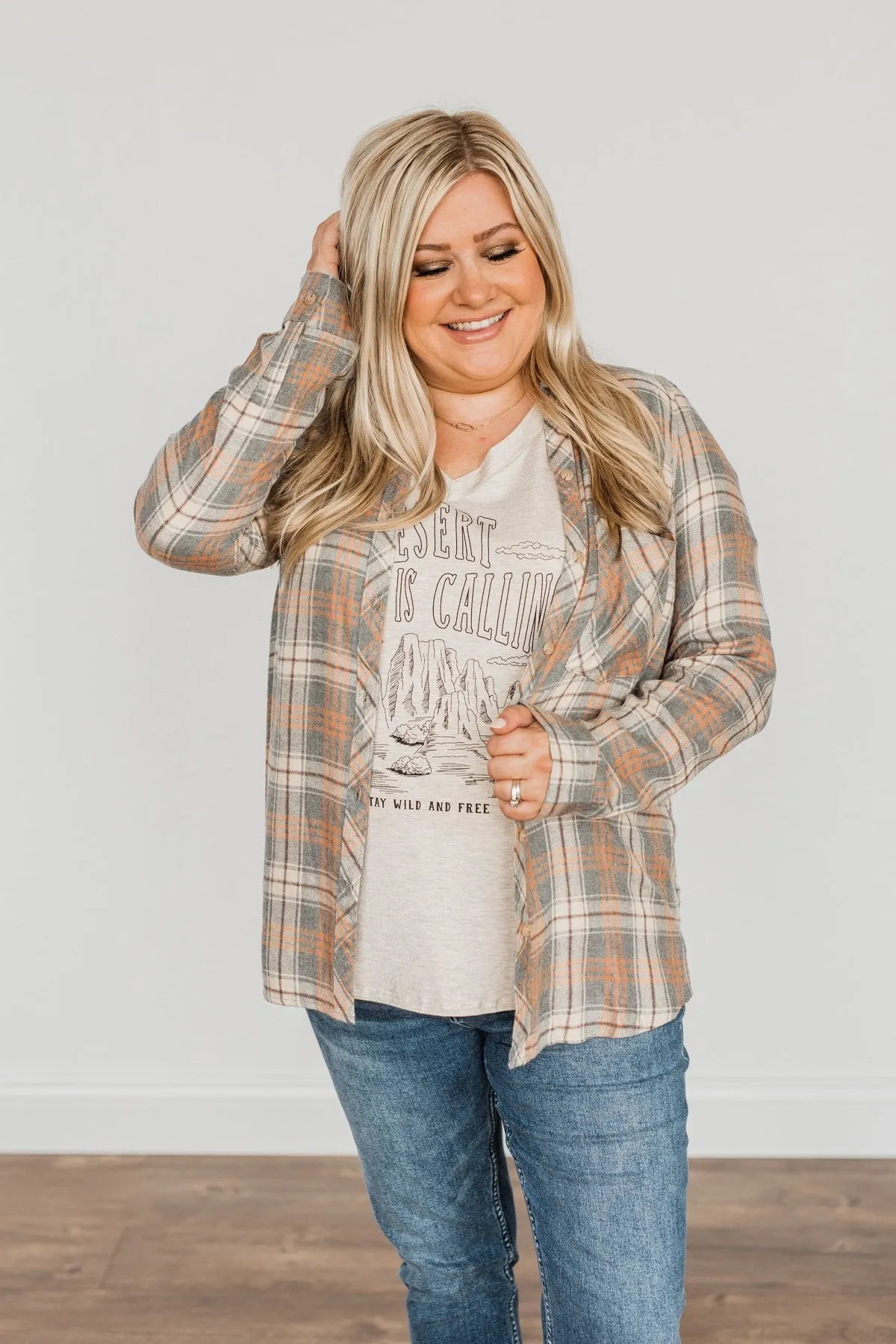 Dreams Like These Button Down Plaid Top- Grey, Oatmeal & Orange