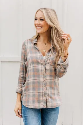 Dreams Like These Button Down Plaid Top- Grey, Oatmeal & Orange