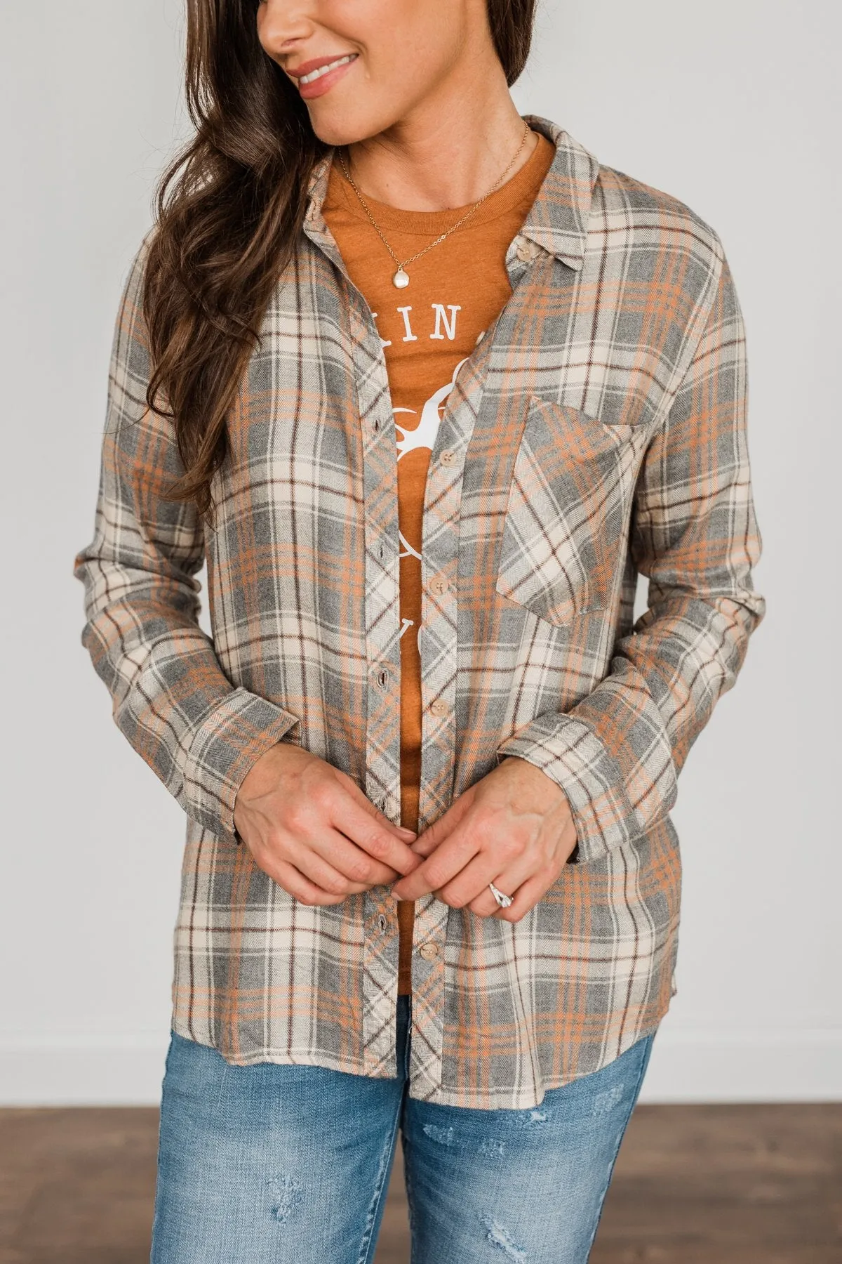 Dreams Like These Button Down Plaid Top- Grey, Oatmeal & Orange