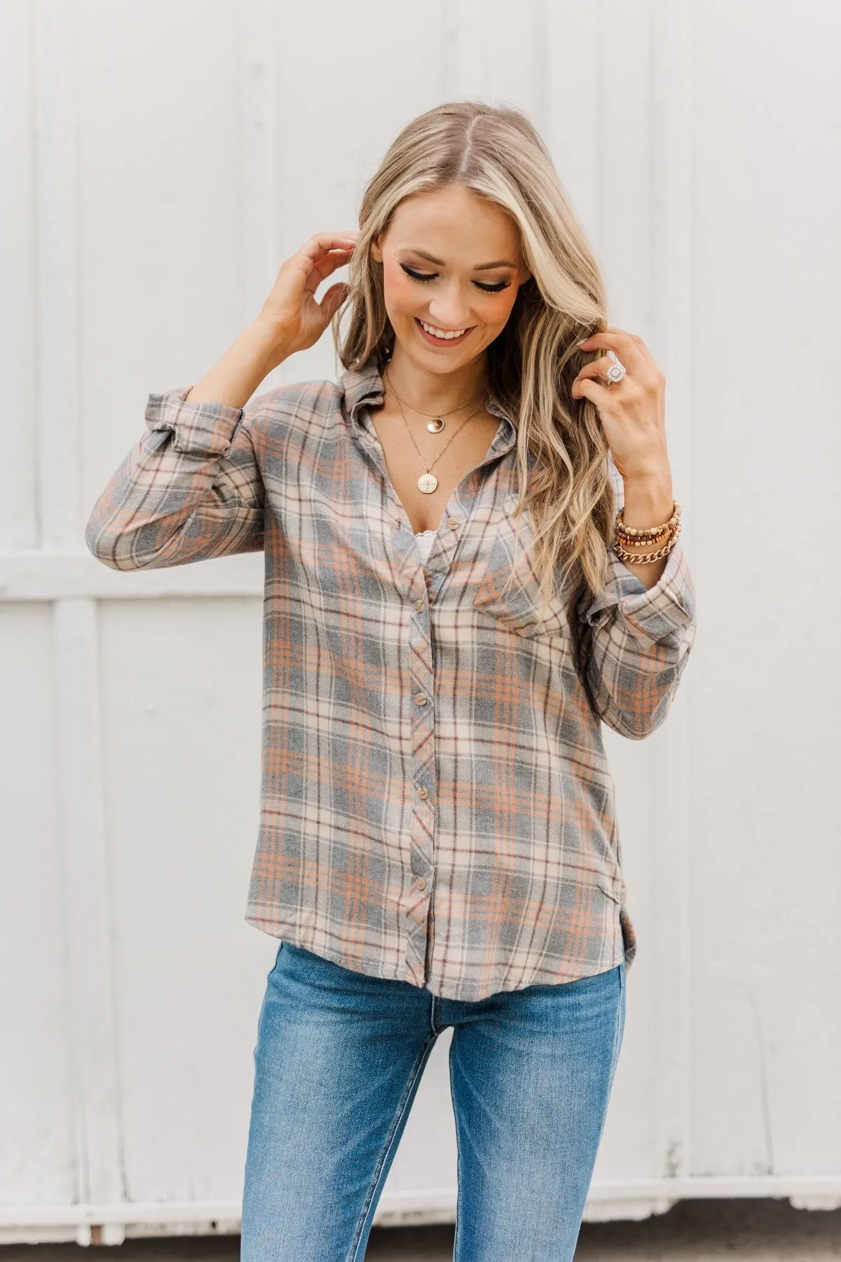 Dreams Like These Button Down Plaid Top- Grey, Oatmeal & Orange