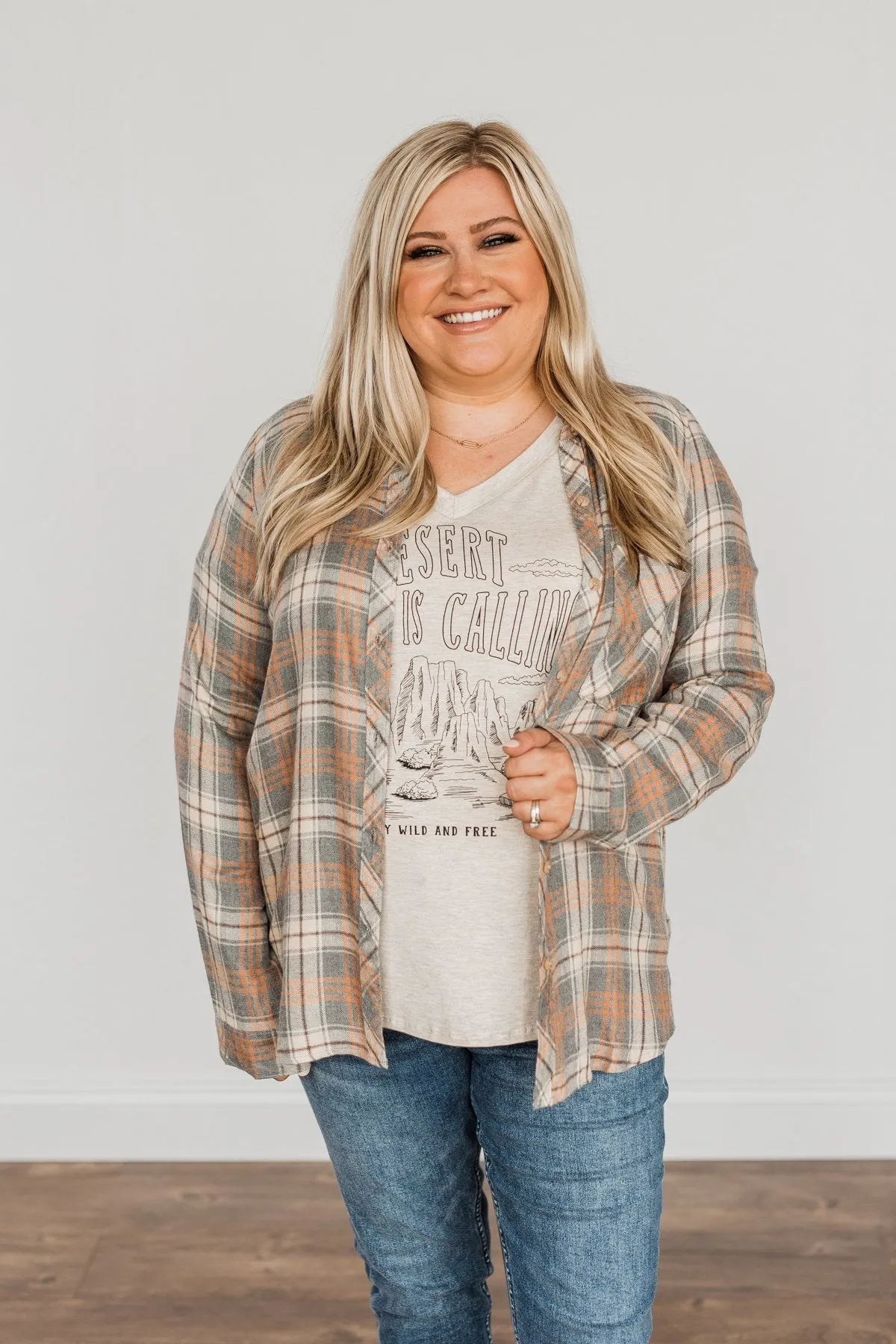 Dreams Like These Button Down Plaid Top- Grey, Oatmeal & Orange