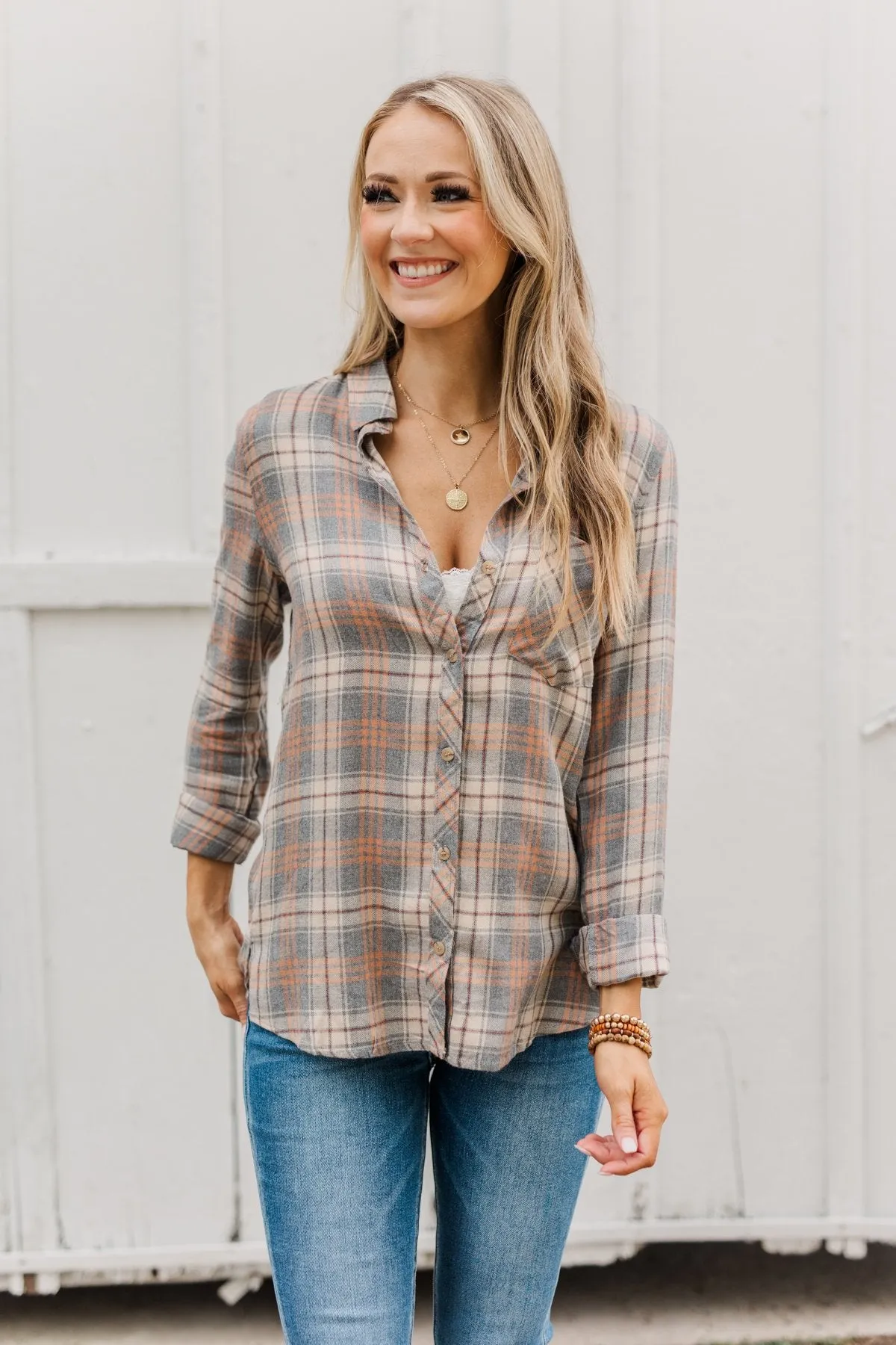 Dreams Like These Button Down Plaid Top- Grey, Oatmeal & Orange