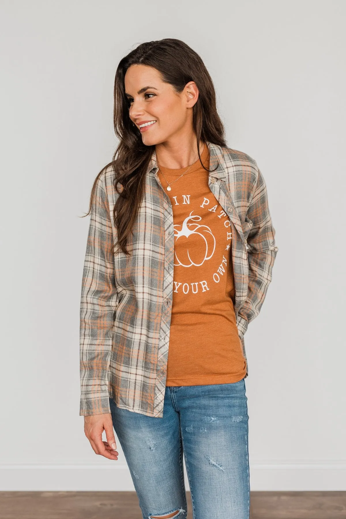 Dreams Like These Button Down Plaid Top- Grey, Oatmeal & Orange