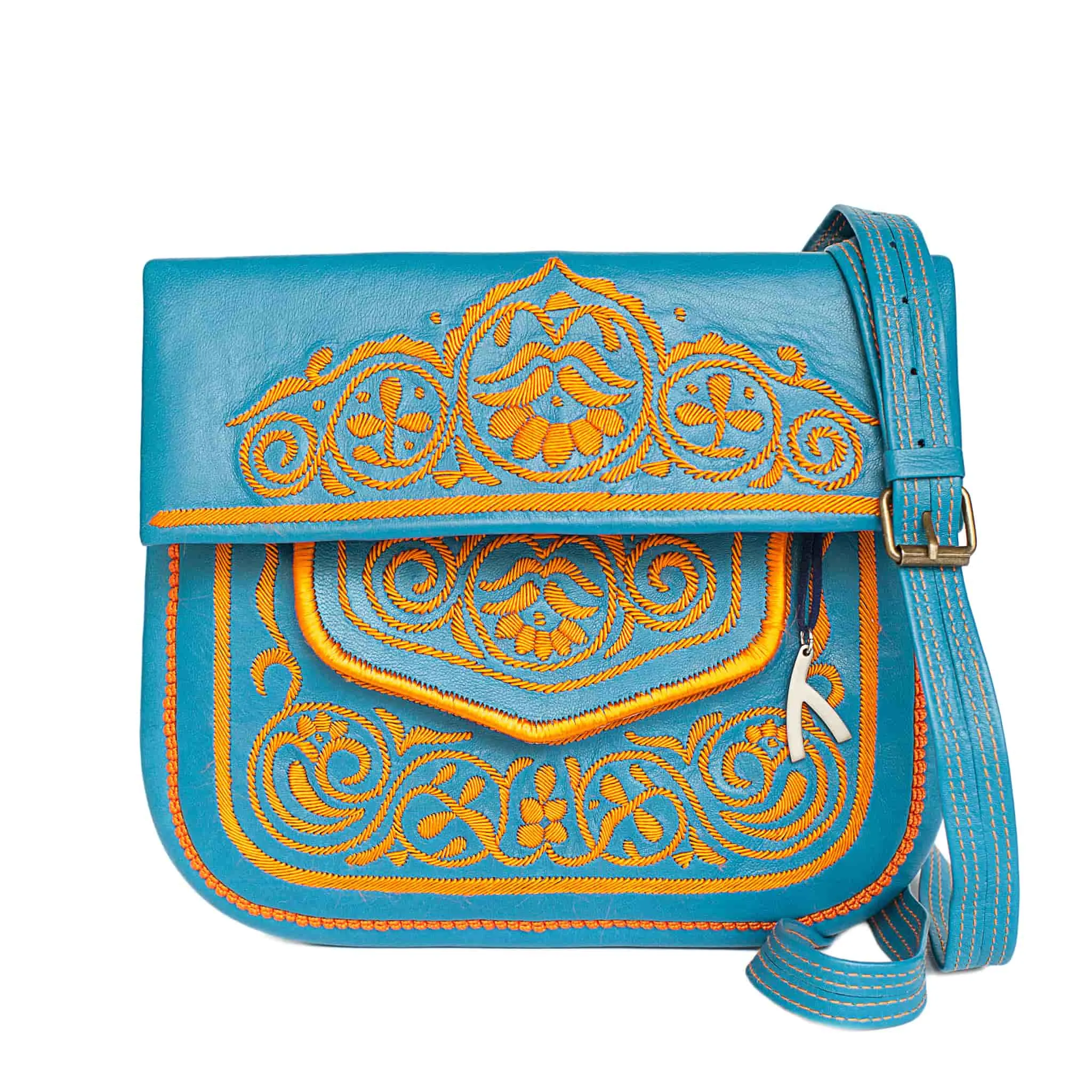 Embroidered Leather Berber Bag in Turquoise, Orange