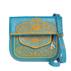 Embroidered Leather Berber Bag in Turquoise, Orange