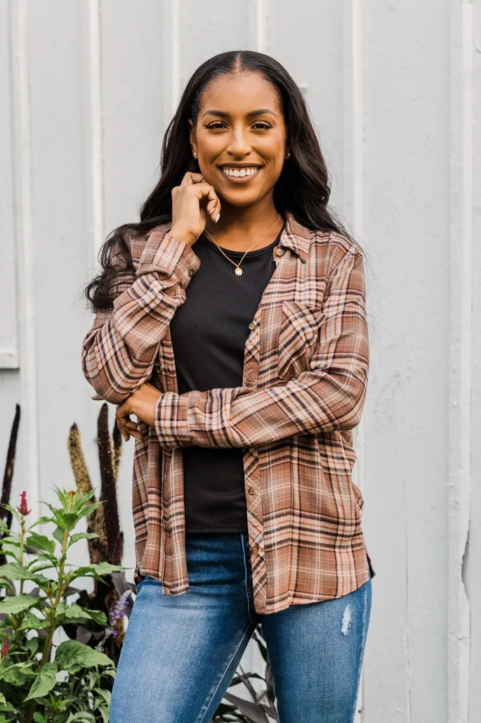 Fall Into The Season Button Plaid Top- Brown, Light Peach, & Grey