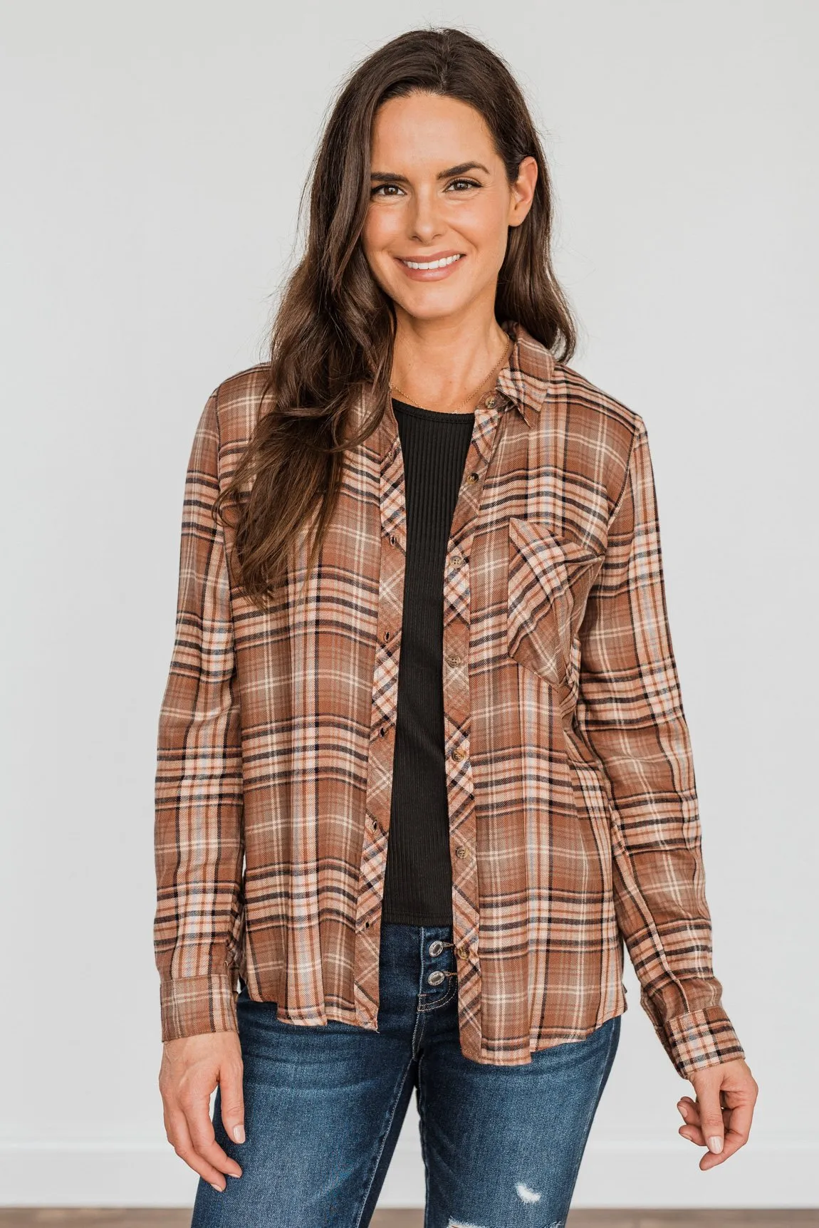 Fall Into The Season Button Plaid Top- Brown, Light Peach, & Grey