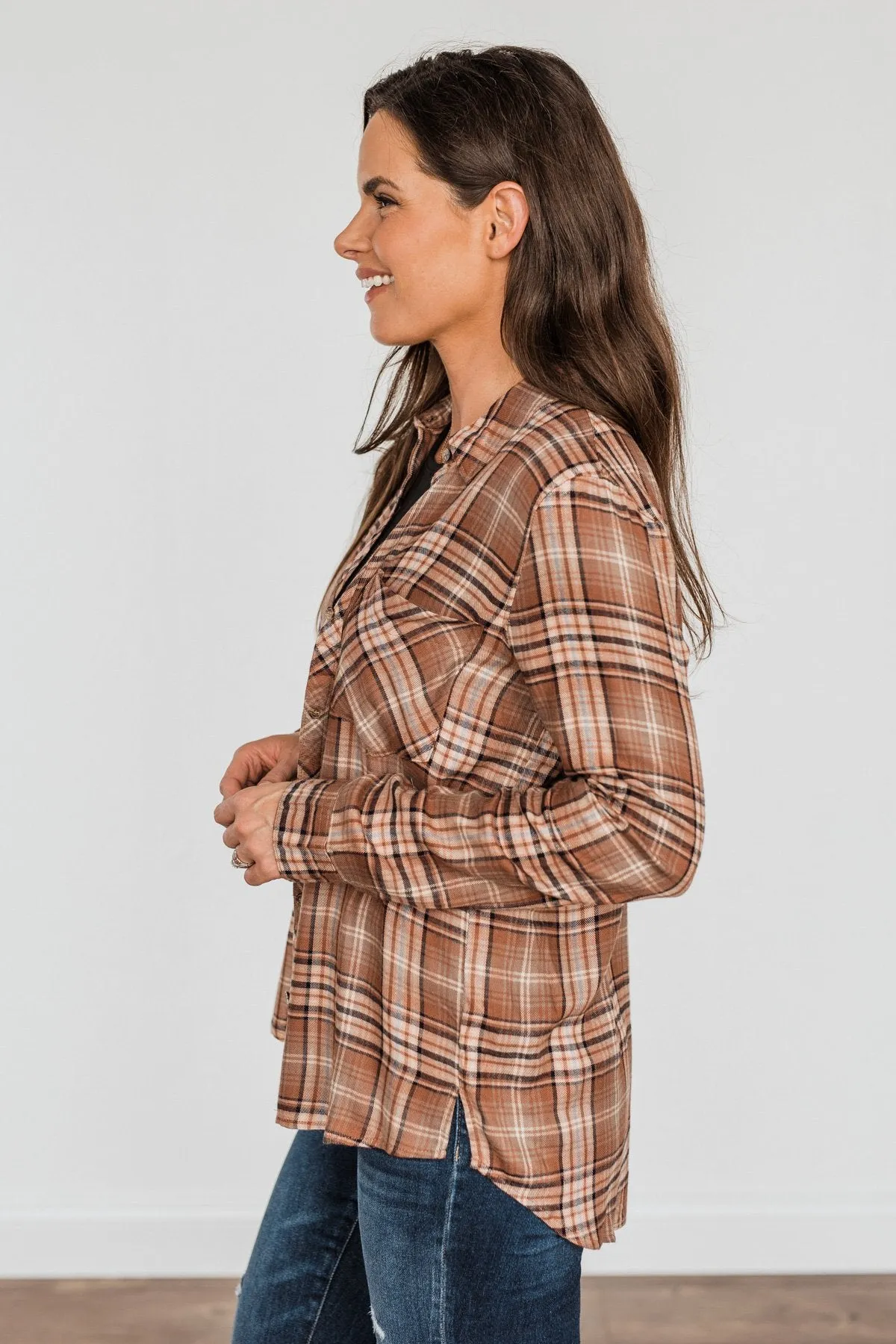 Fall Into The Season Button Plaid Top- Brown, Light Peach, & Grey