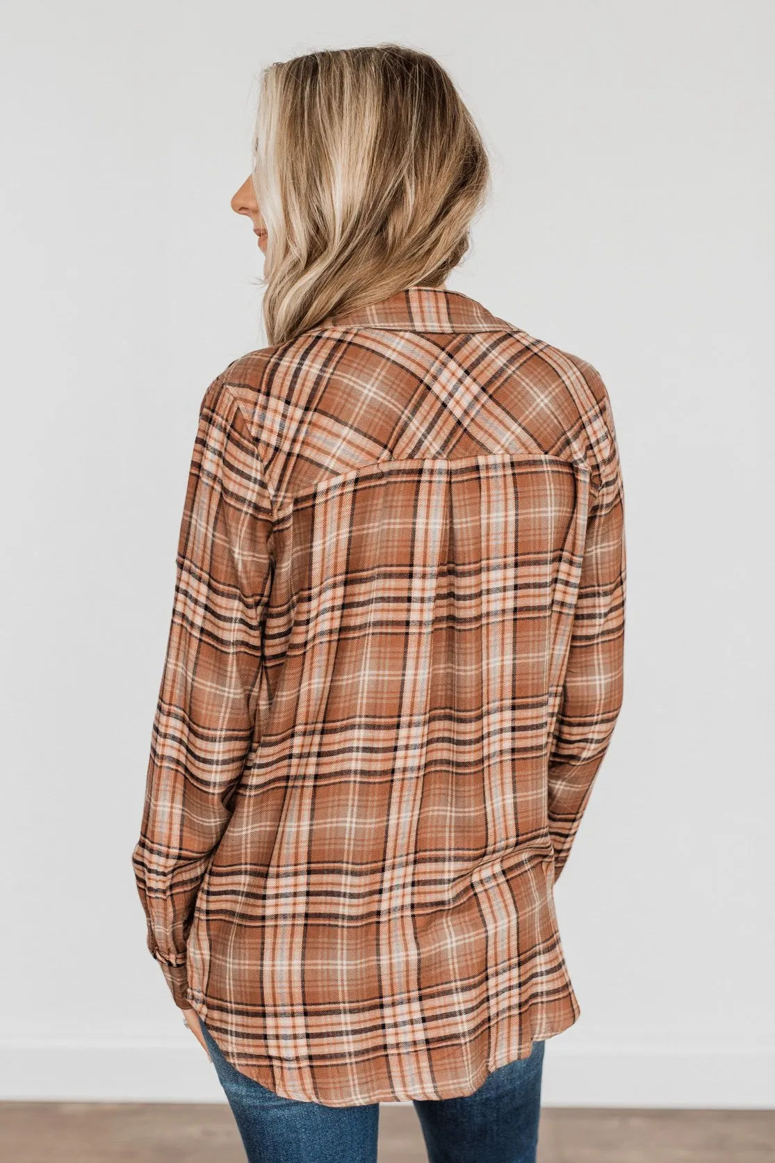 Fall Into The Season Button Plaid Top- Brown, Light Peach, & Grey