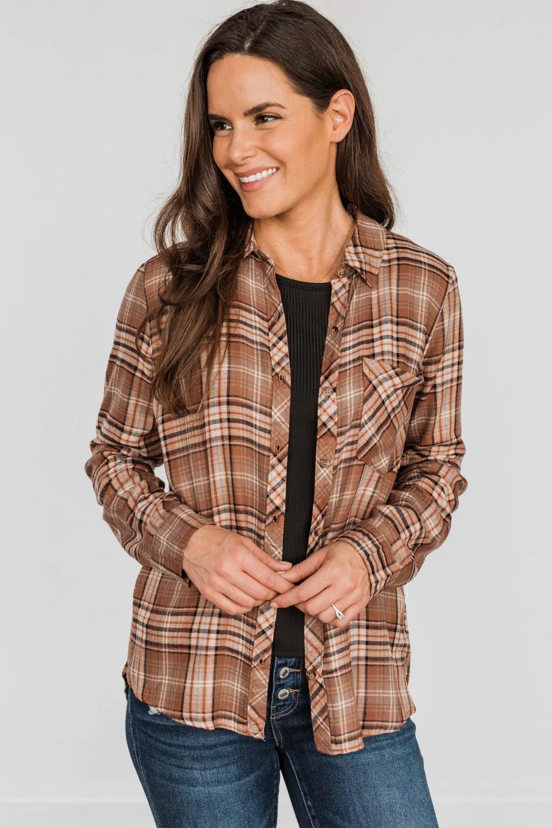 Fall Into The Season Button Plaid Top- Brown, Light Peach, & Grey