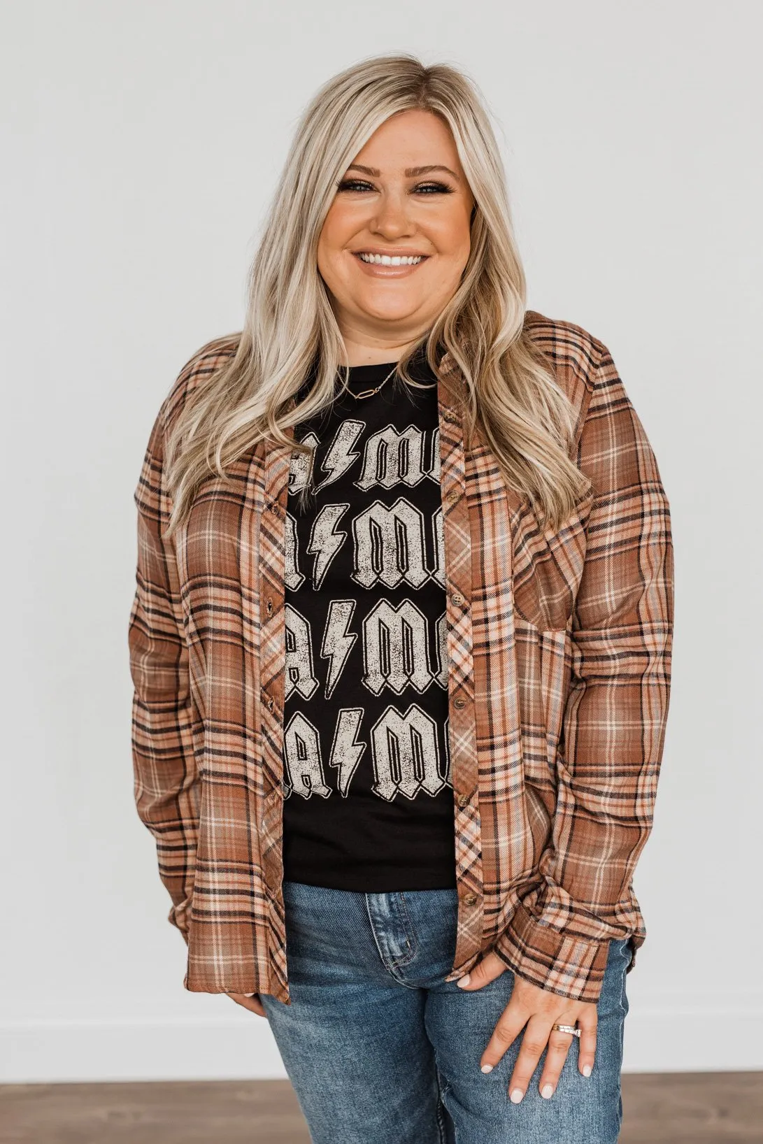 Fall Into The Season Button Plaid Top- Brown, Light Peach, & Grey