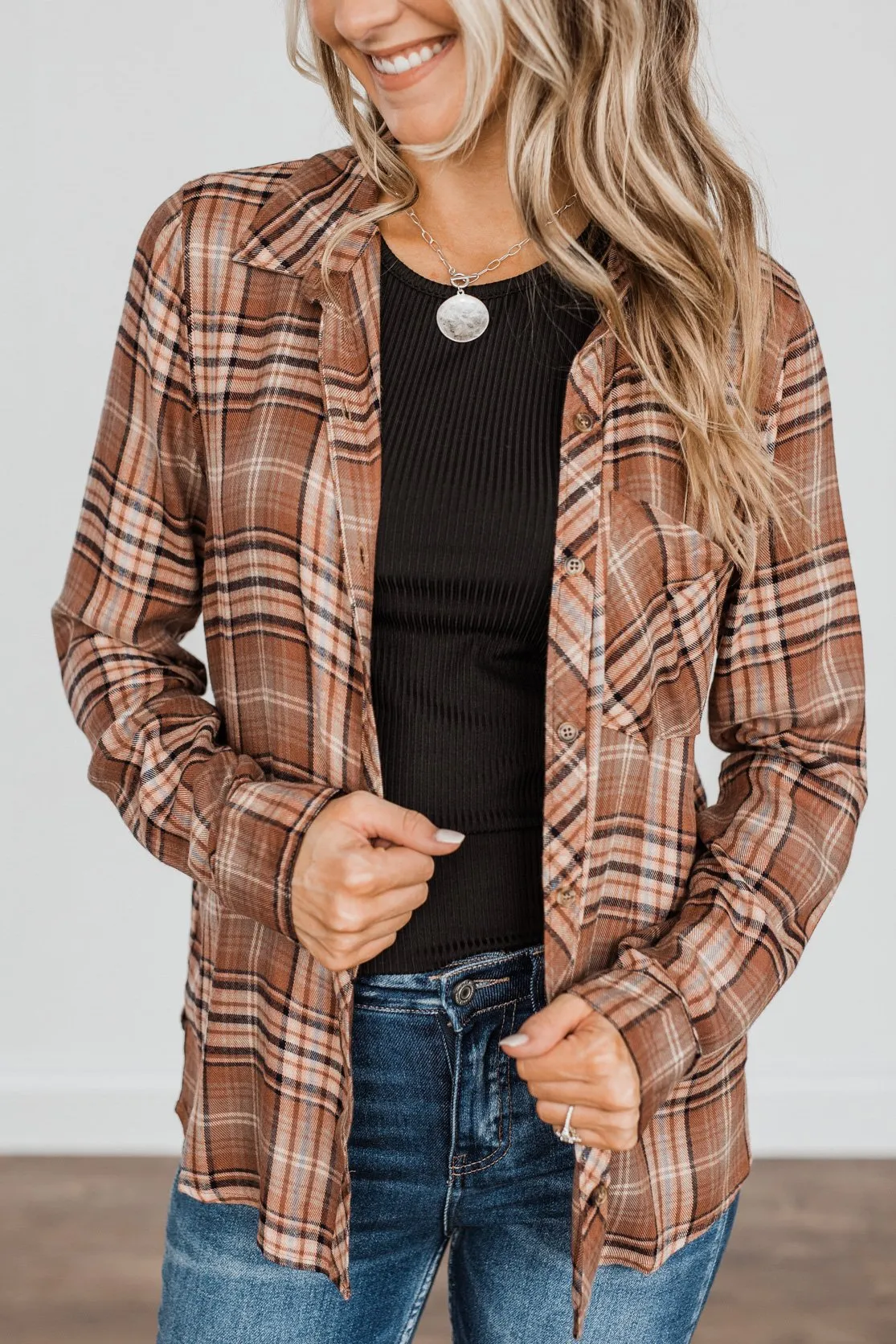 Fall Into The Season Button Plaid Top- Brown, Light Peach, & Grey