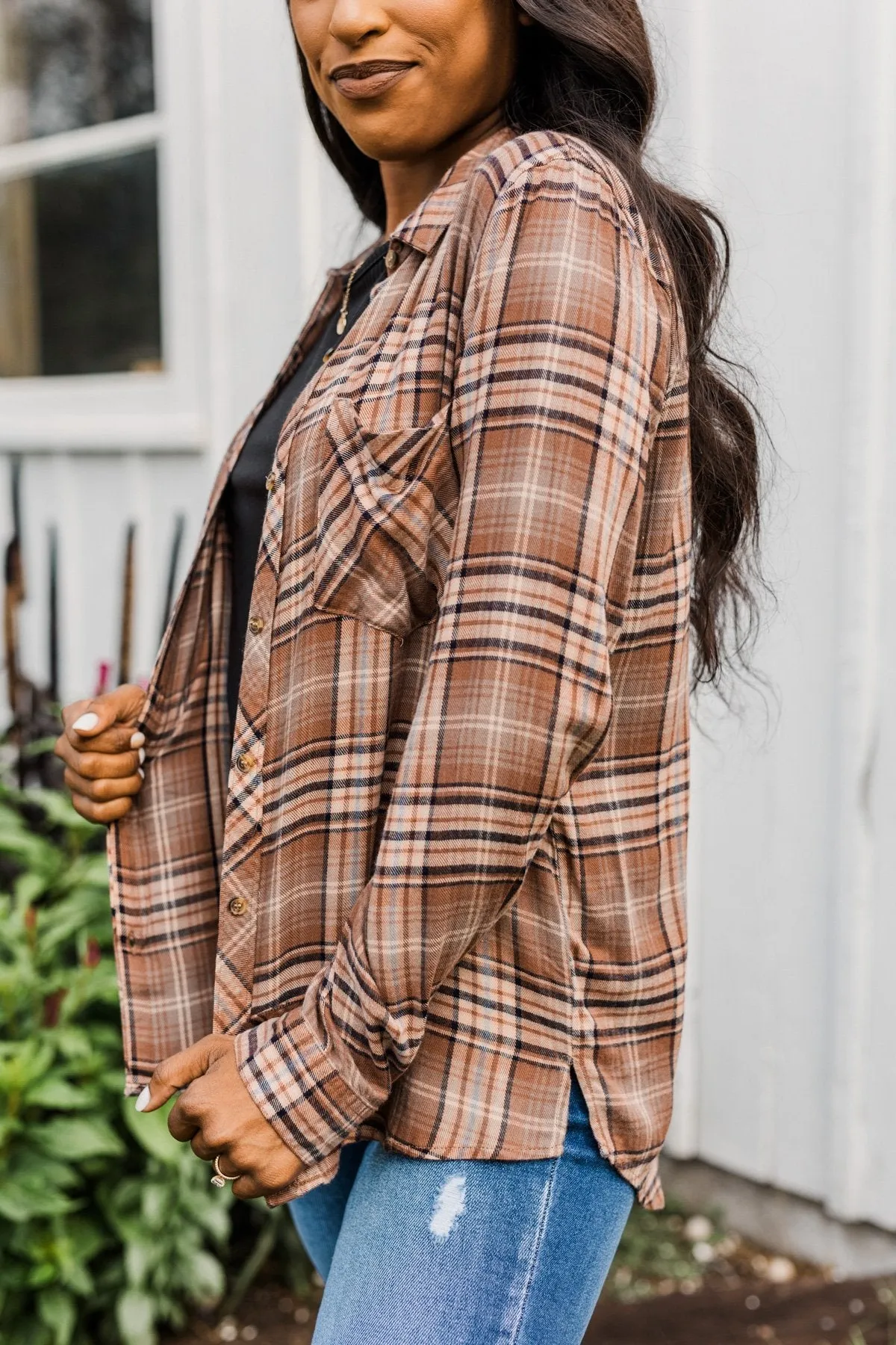 Fall Into The Season Button Plaid Top- Brown, Light Peach, & Grey