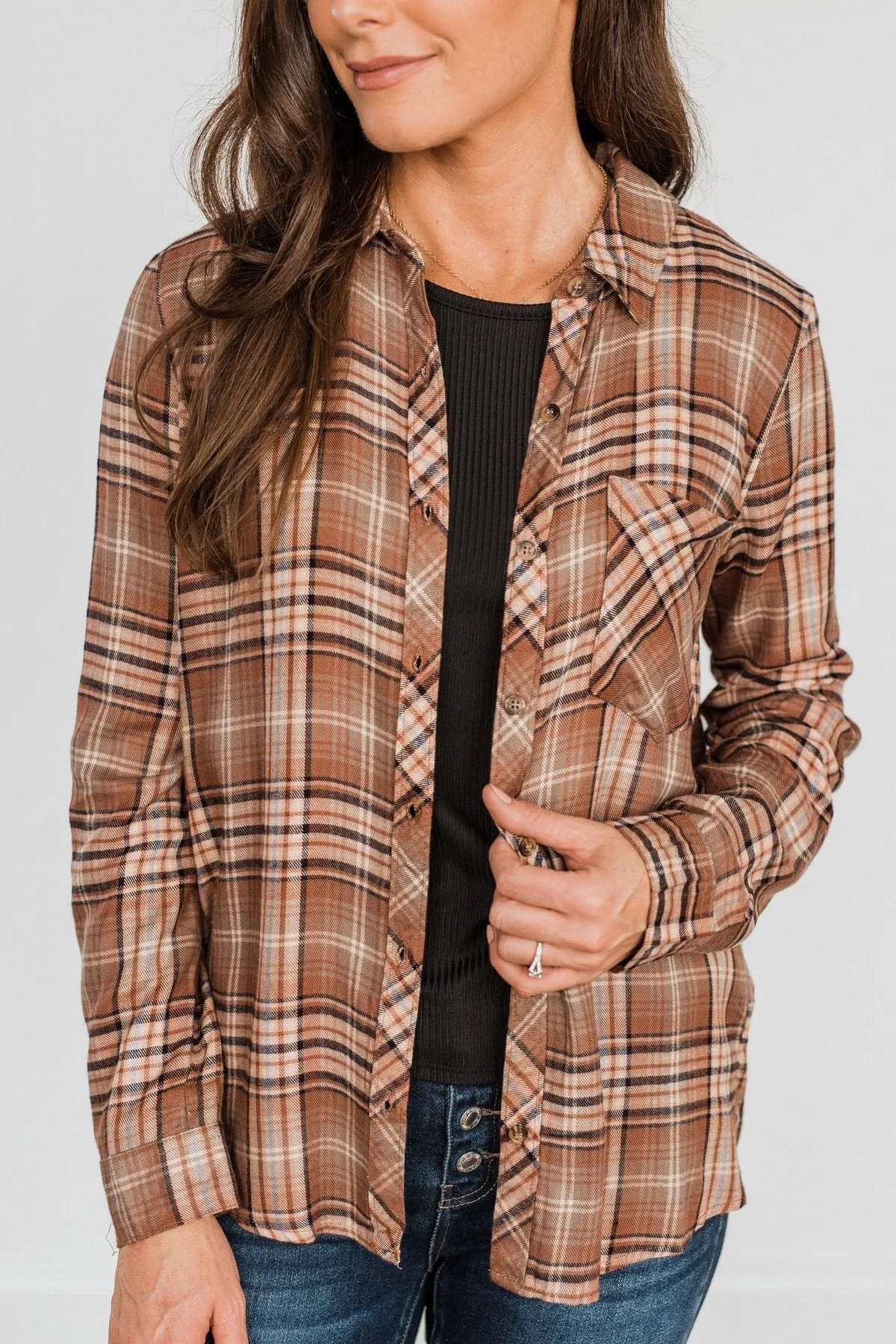 Fall Into The Season Button Plaid Top- Brown, Light Peach, & Grey