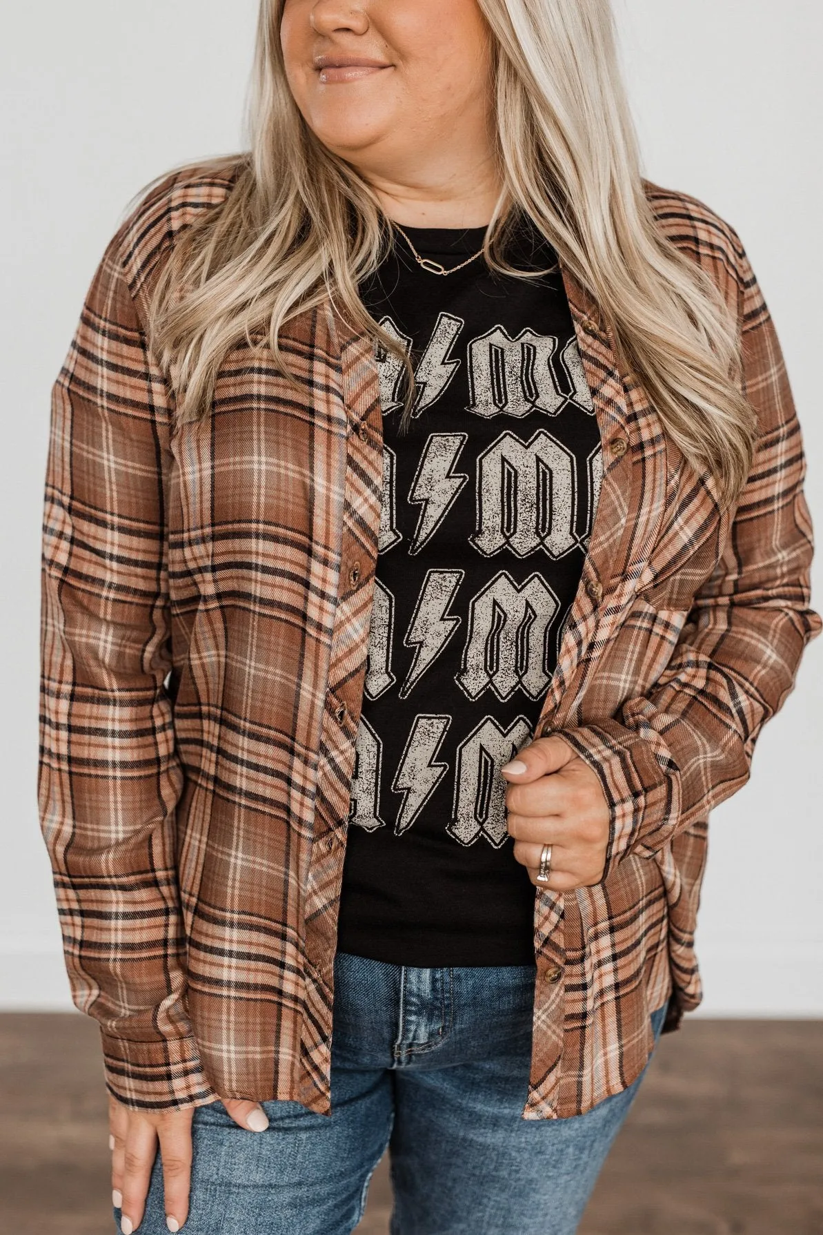 Fall Into The Season Button Plaid Top- Brown, Light Peach, & Grey