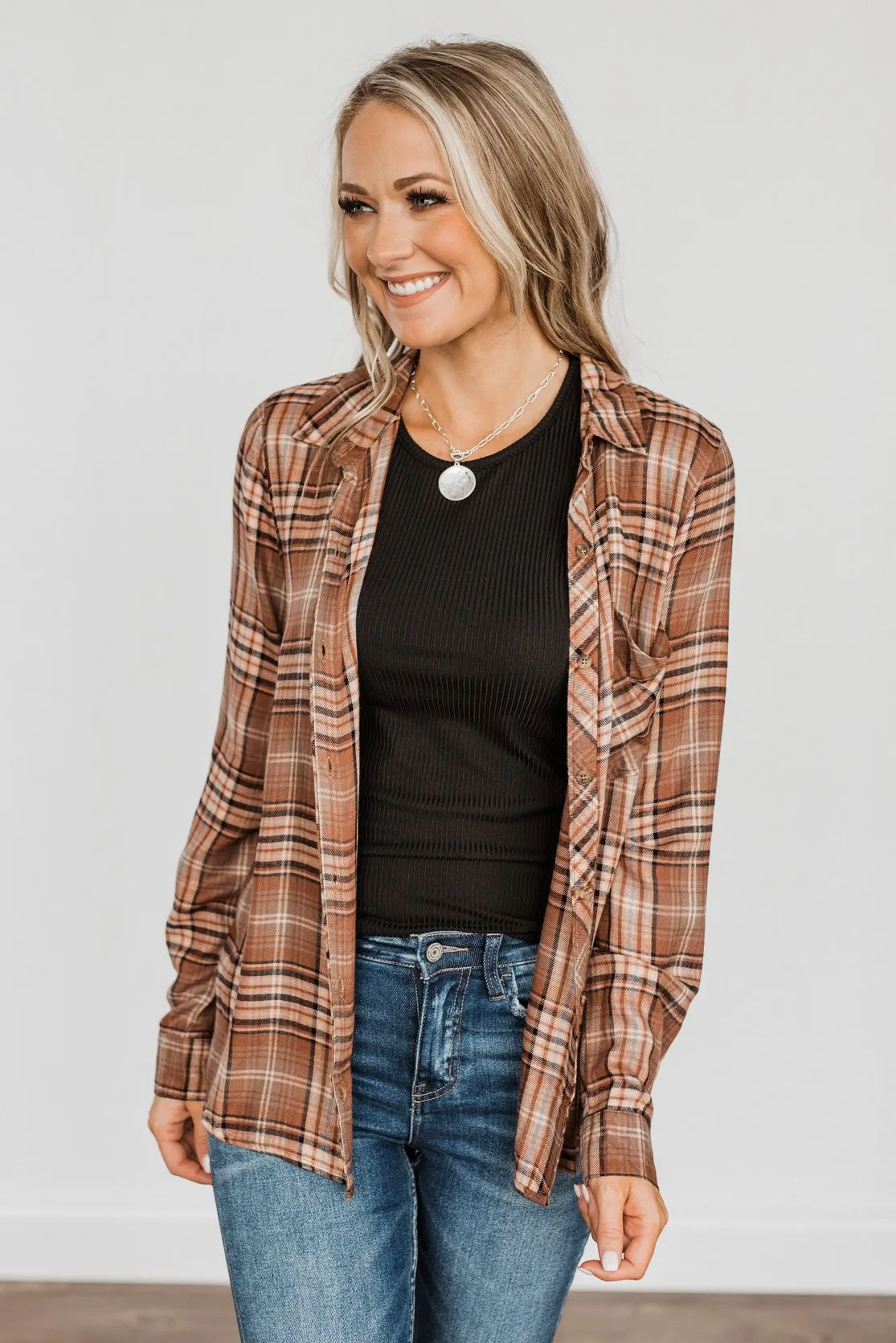 Fall Into The Season Button Plaid Top- Brown, Light Peach, & Grey