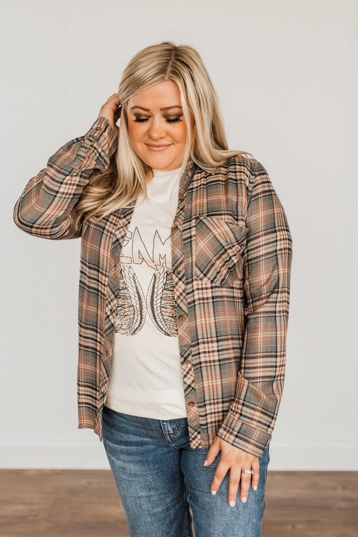 Fall Into The Season Button Plaid Top- Dusty Teal, Mocha, & Oatmeal