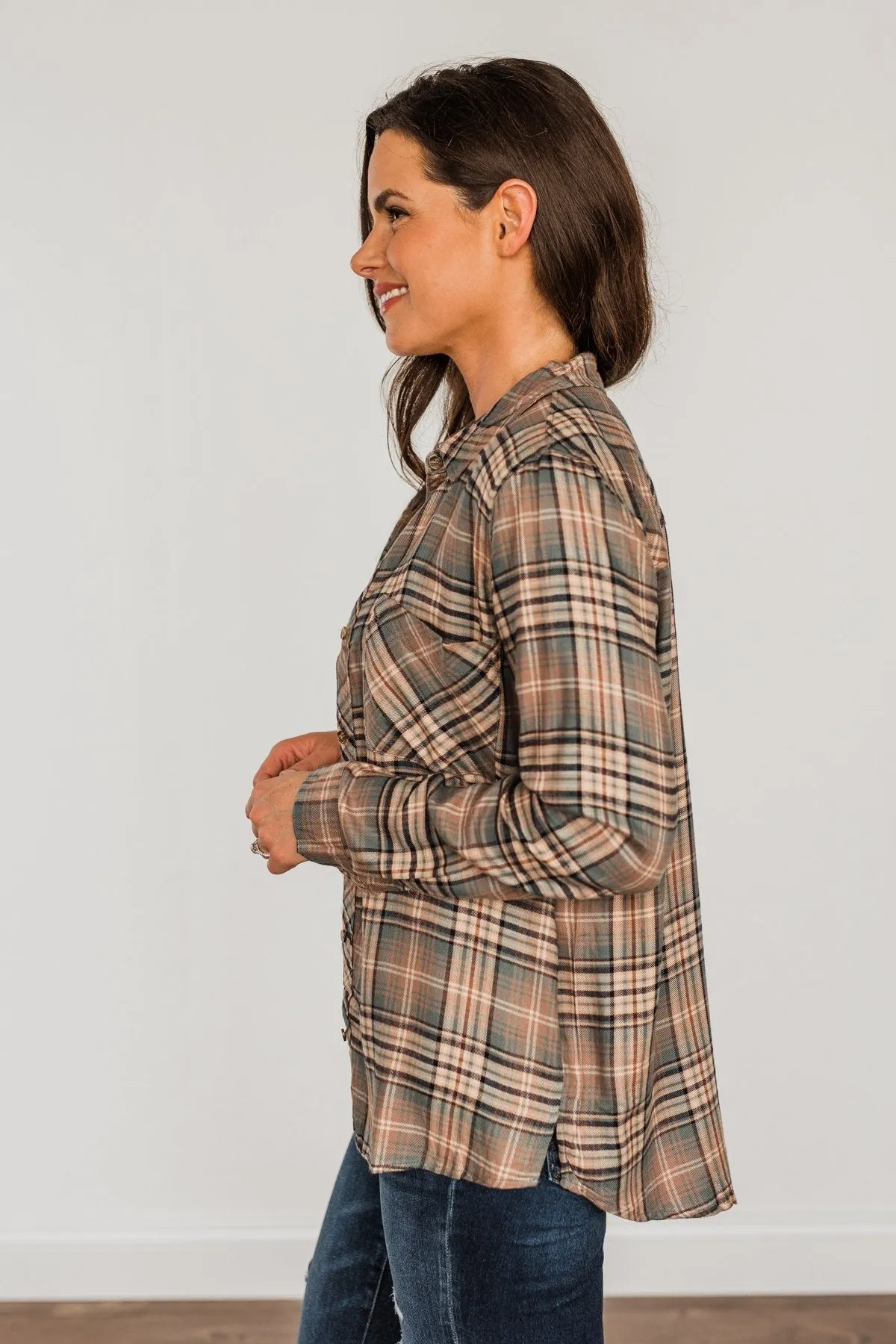 Fall Into The Season Button Plaid Top- Dusty Teal, Mocha, & Oatmeal