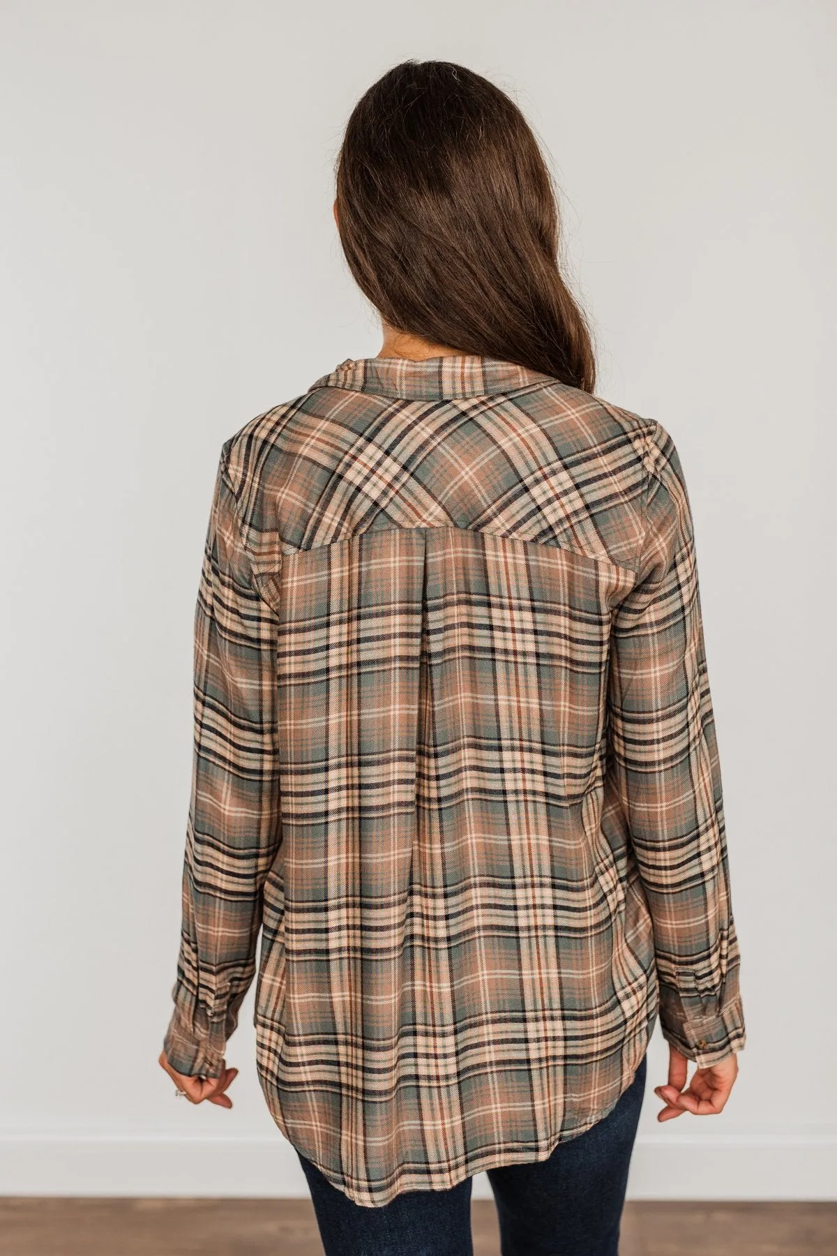 Fall Into The Season Button Plaid Top- Dusty Teal, Mocha, & Oatmeal