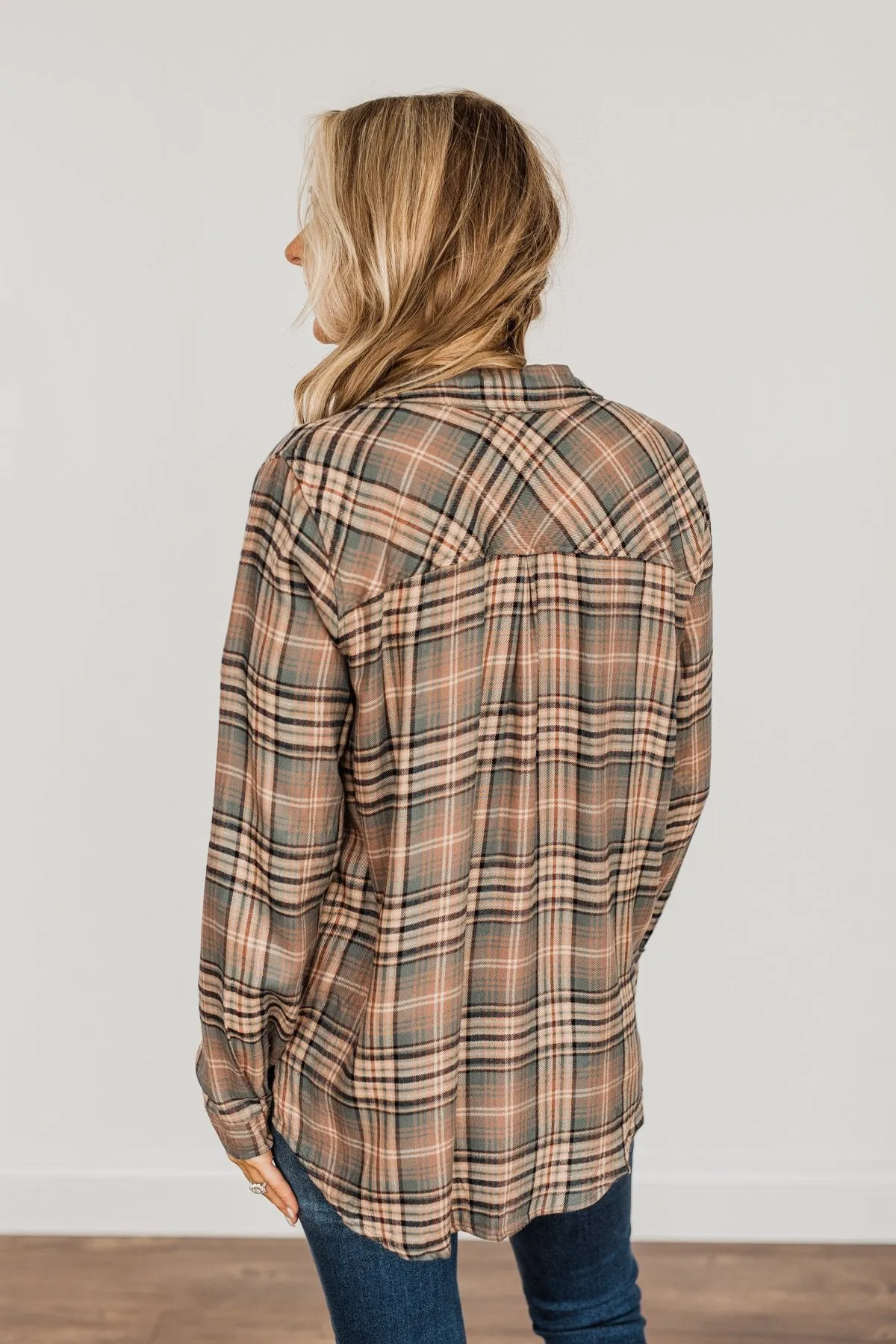 Fall Into The Season Button Plaid Top- Dusty Teal, Mocha, & Oatmeal