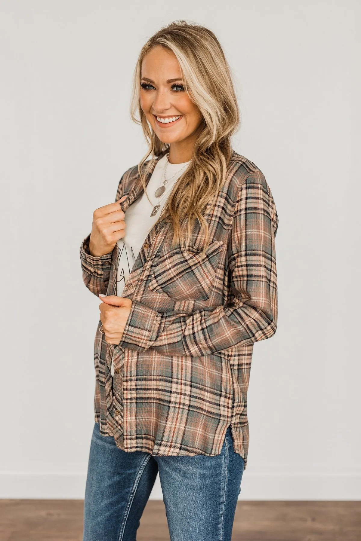 Fall Into The Season Button Plaid Top- Dusty Teal, Mocha, & Oatmeal