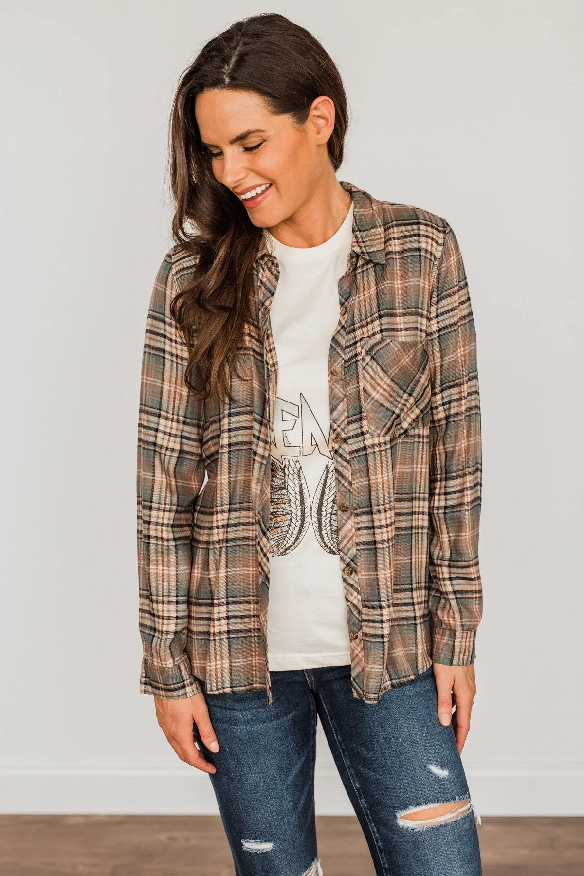 Fall Into The Season Button Plaid Top- Dusty Teal, Mocha, & Oatmeal