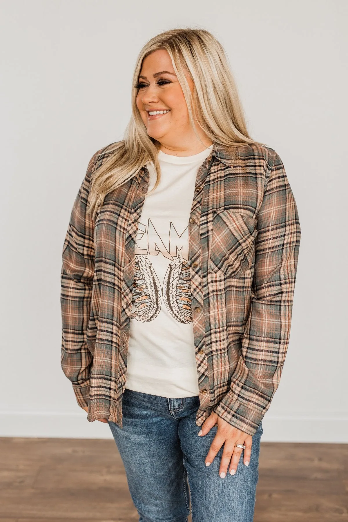 Fall Into The Season Button Plaid Top- Dusty Teal, Mocha, & Oatmeal